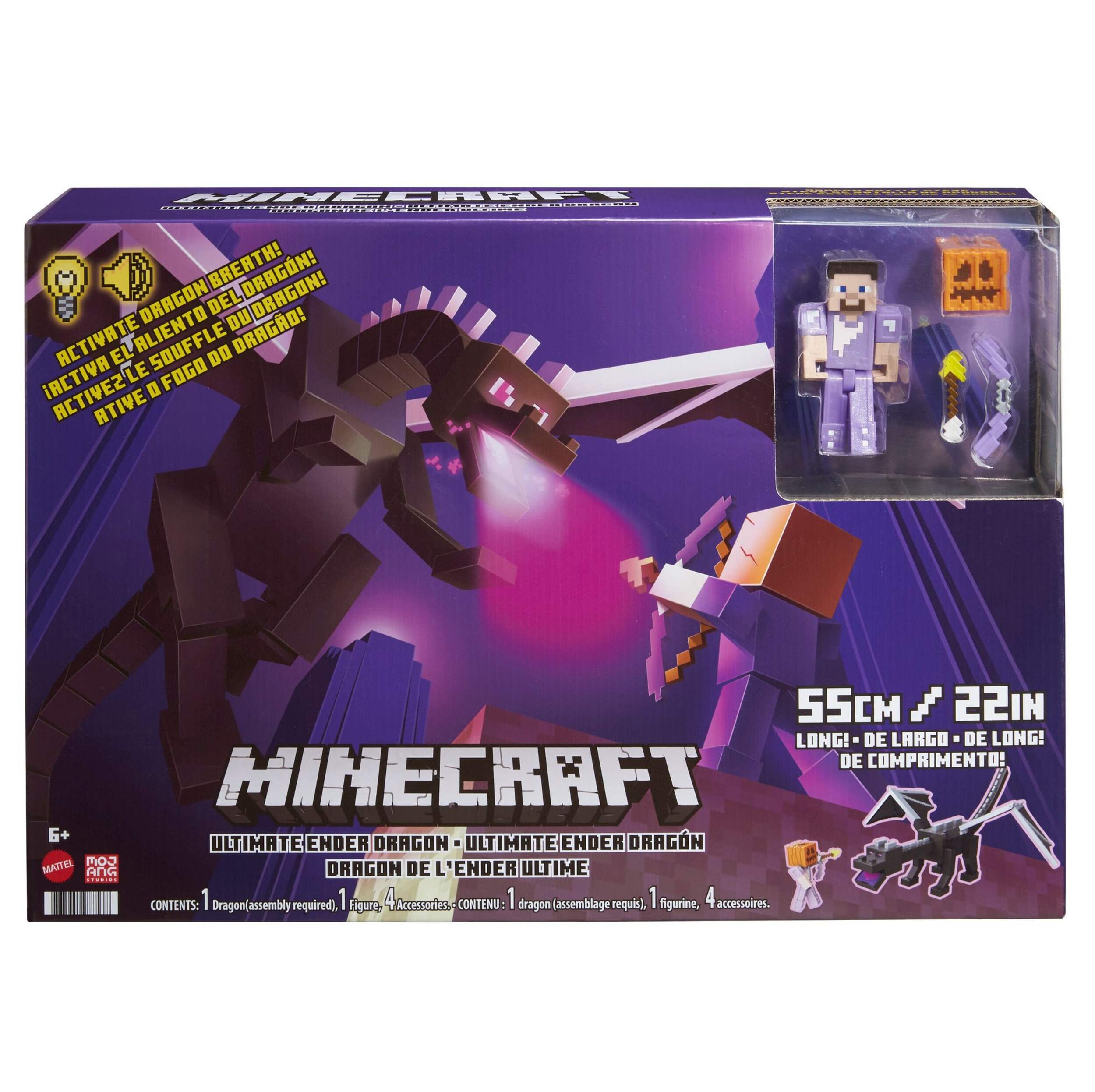 Mattel Minecraft Ultimate Ender Dragon Figure with Steve Figure, 22-in, Ages 6+ Front_Flat