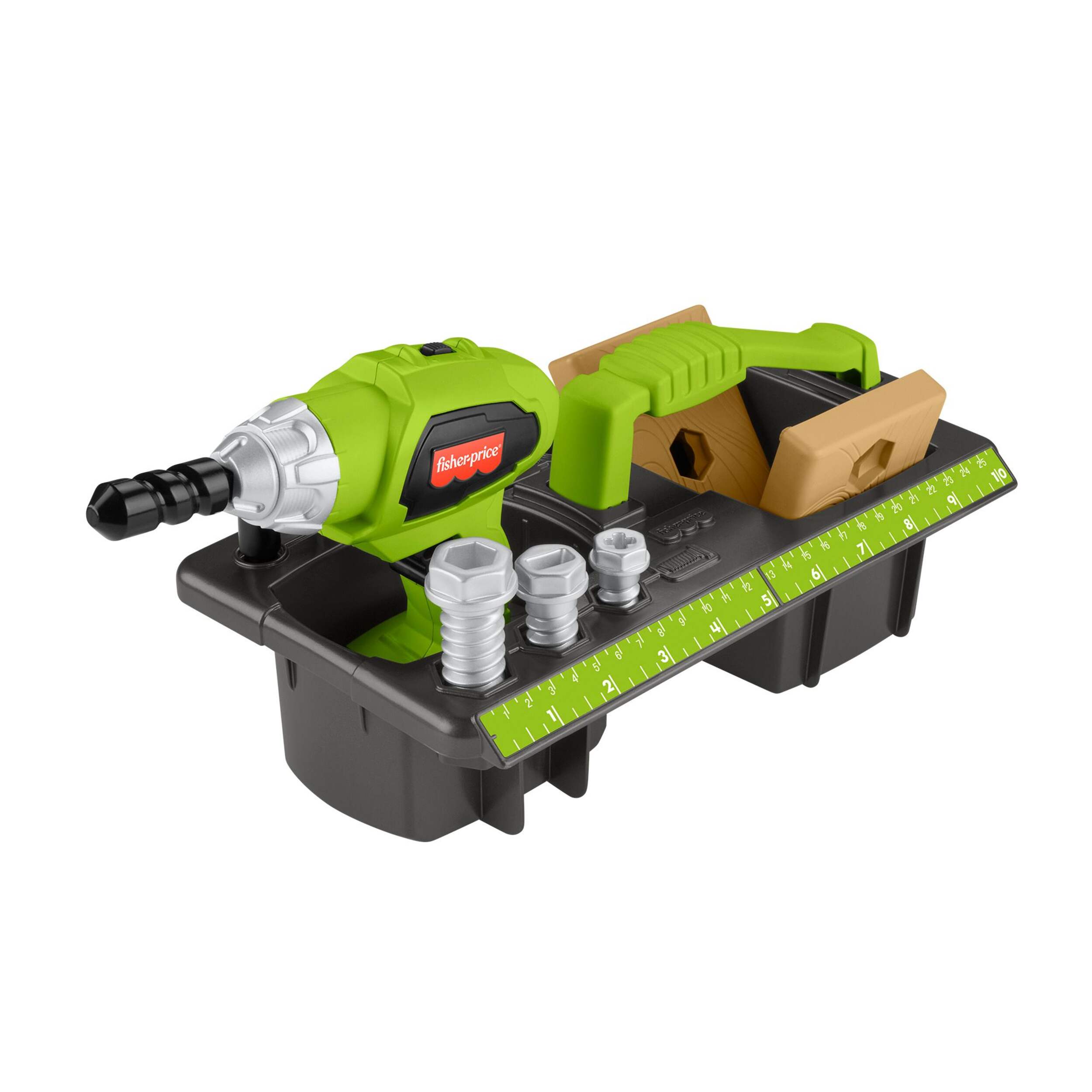 Fisher-Price Drillin’ Action Tool Set, Pretend Construction Toys with Sounds, Ages 2+, 10-pc Front_Angled_Right
