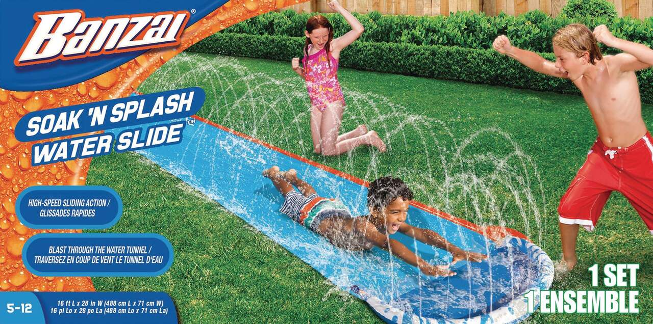 Banzai Inflatable Soak N' Splash Slip & Slide w/ Sprinkler Kids' Water Toy,  Age 5+, 16-Ft