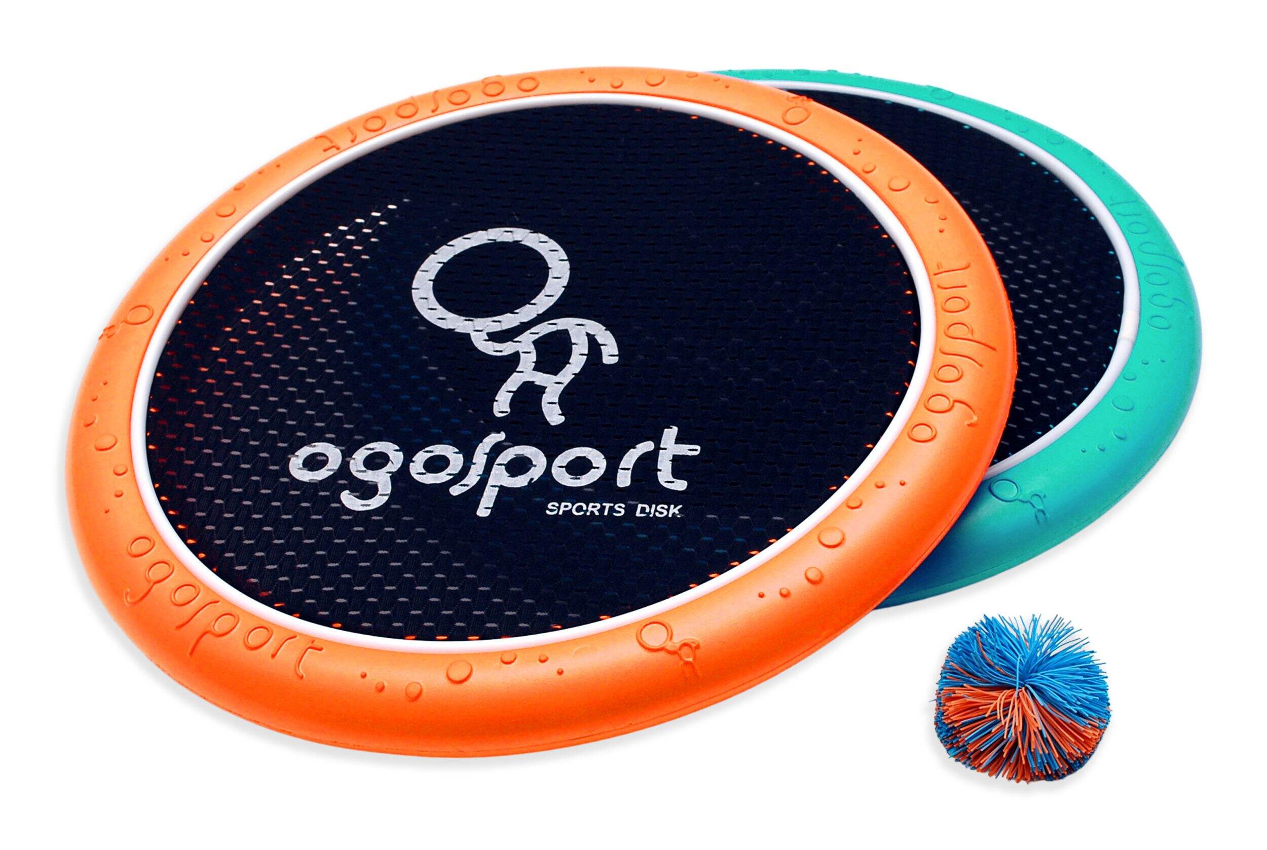 OgoDisk Mini 2-Player Bouncy Flying Disc Frisbee & Koosh Ball Set, Blue/Orange, 3-pk, Ages 8+, for Summer/Backyard Activities Front_Elevated