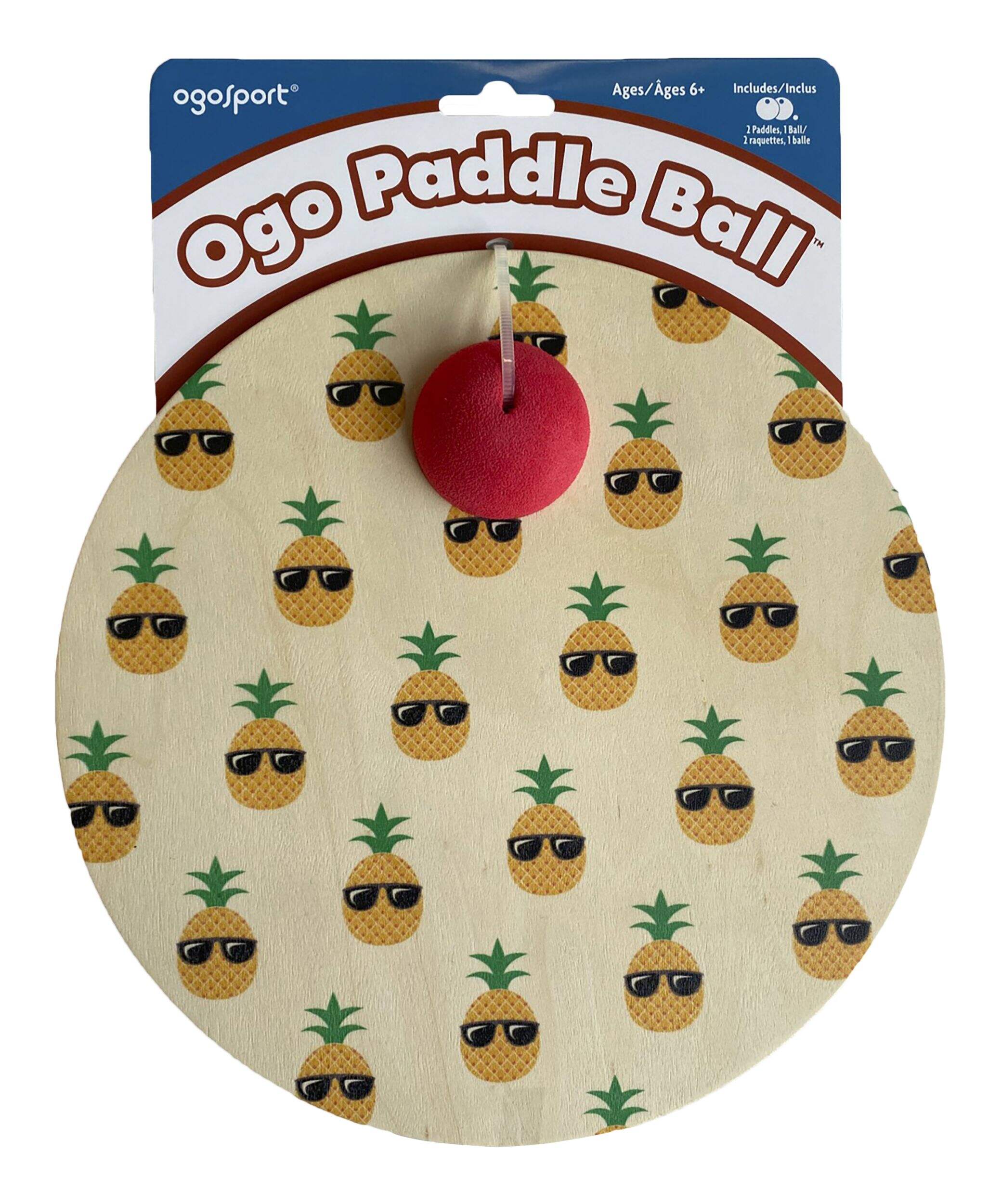 OgoSport Kids' Wooden Ogo Paddle & Foam Ball Set, Yellow, Pineapple, 3-pk, Ages 6+, for Summer/Backyard Activities Front_Flat