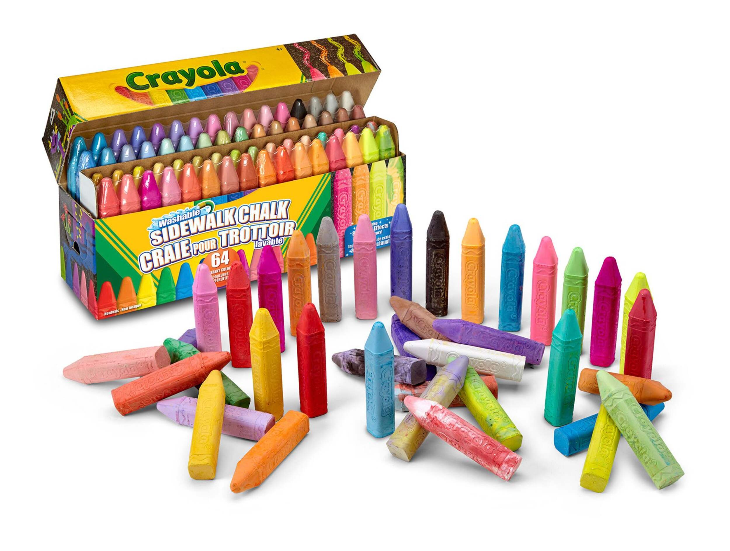 Crayola Bright Colours Sidewalk Chalk Set, Multi-Coloured, 64-pk, Ages 4+, for Summer/Lawn Activities Front_Three_Fourths_Angled_Right