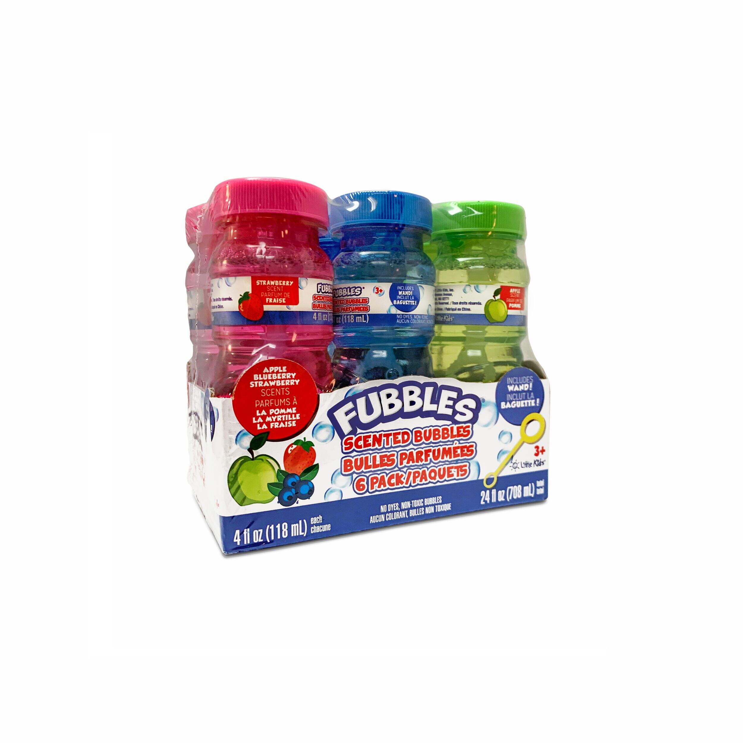 Fubbles Bubbles Scented Bubbles, Green/Pink/Blue, 4-oz, 6-pk, Ages 3+, for Summer/Backyard Activities Front_Angled_Right