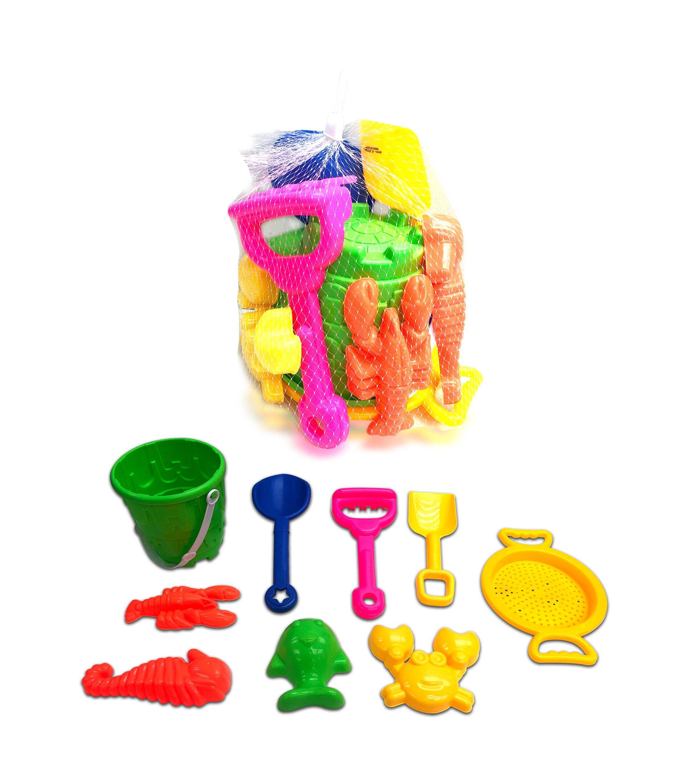 Sand Plastic Mold Toy Set with Bucket, Multi-Coloured, 9-pk, Ages 2+, for Summer/Beach Activities Composite_or_Mixed