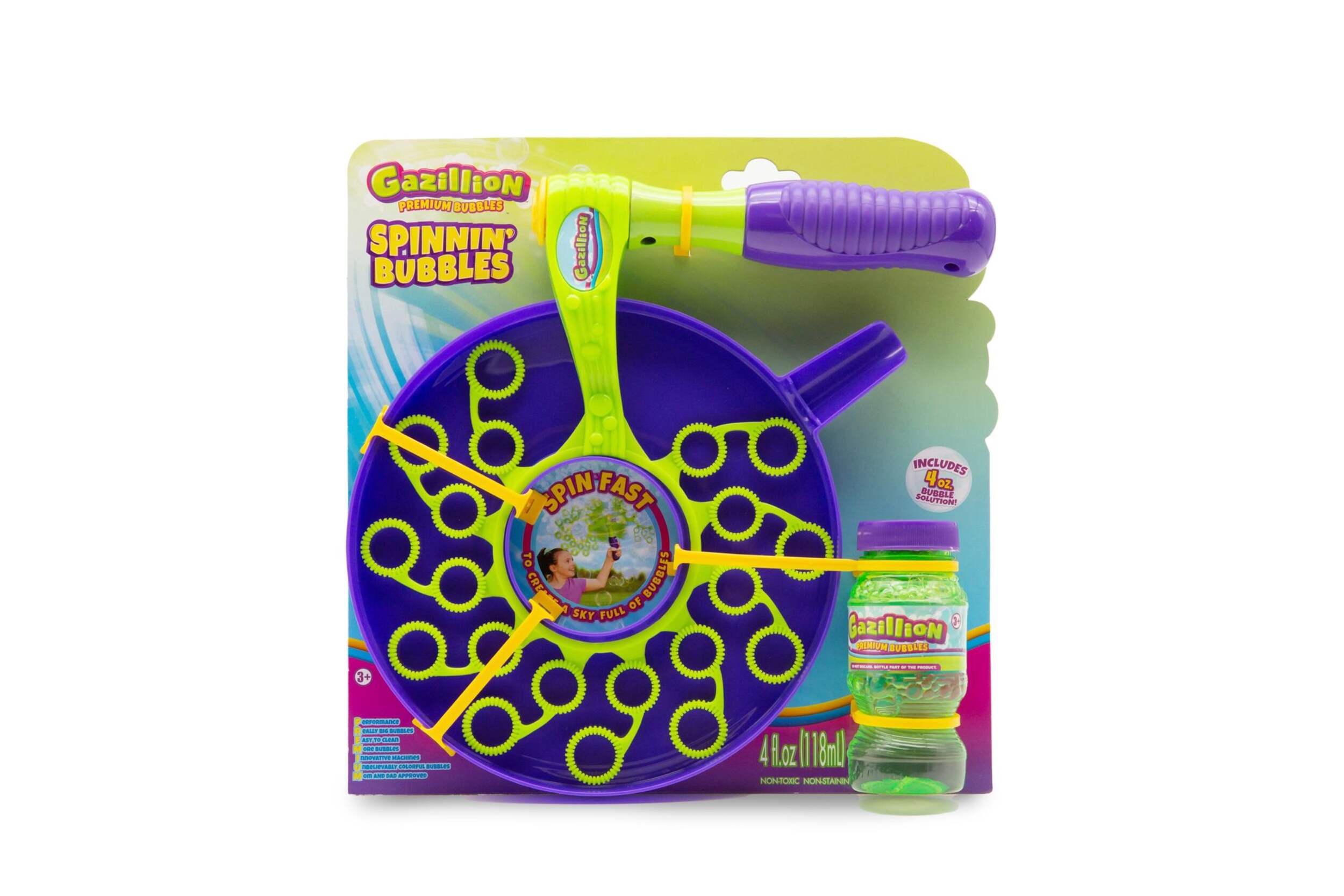 Gazillion Spinnin' Bubbles Kids' Spinning Wand Bubble Blower/Maker Toy w/ Solution, Age 3+ Front_Flat