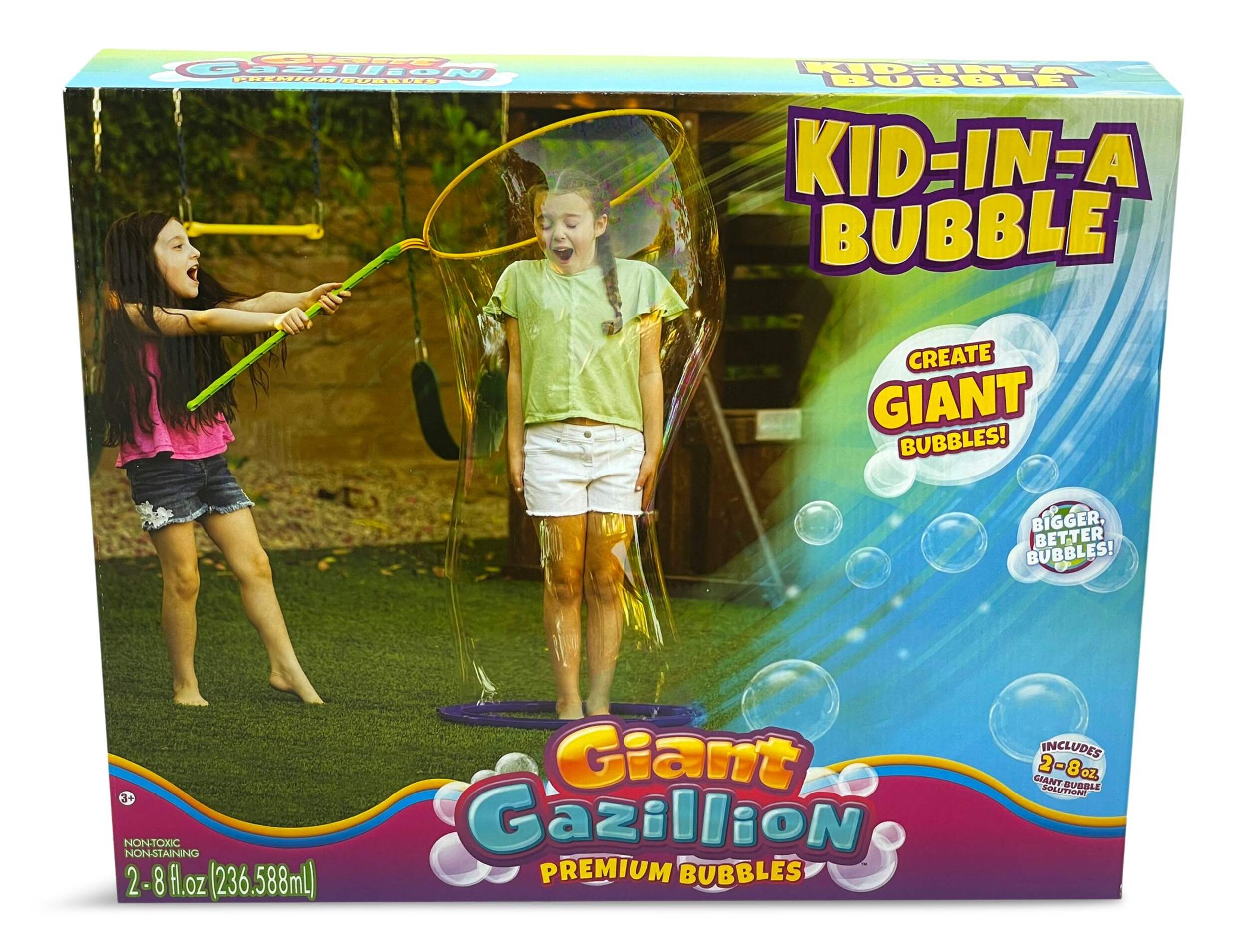 Gazillion Kid-In-A-Bubble Giant Wand Bubble Blower Maker Toy with Solution & Tray, Clear, 8-oz, Ages 3+, for Summer/Backyard Activities Front_Elevated
