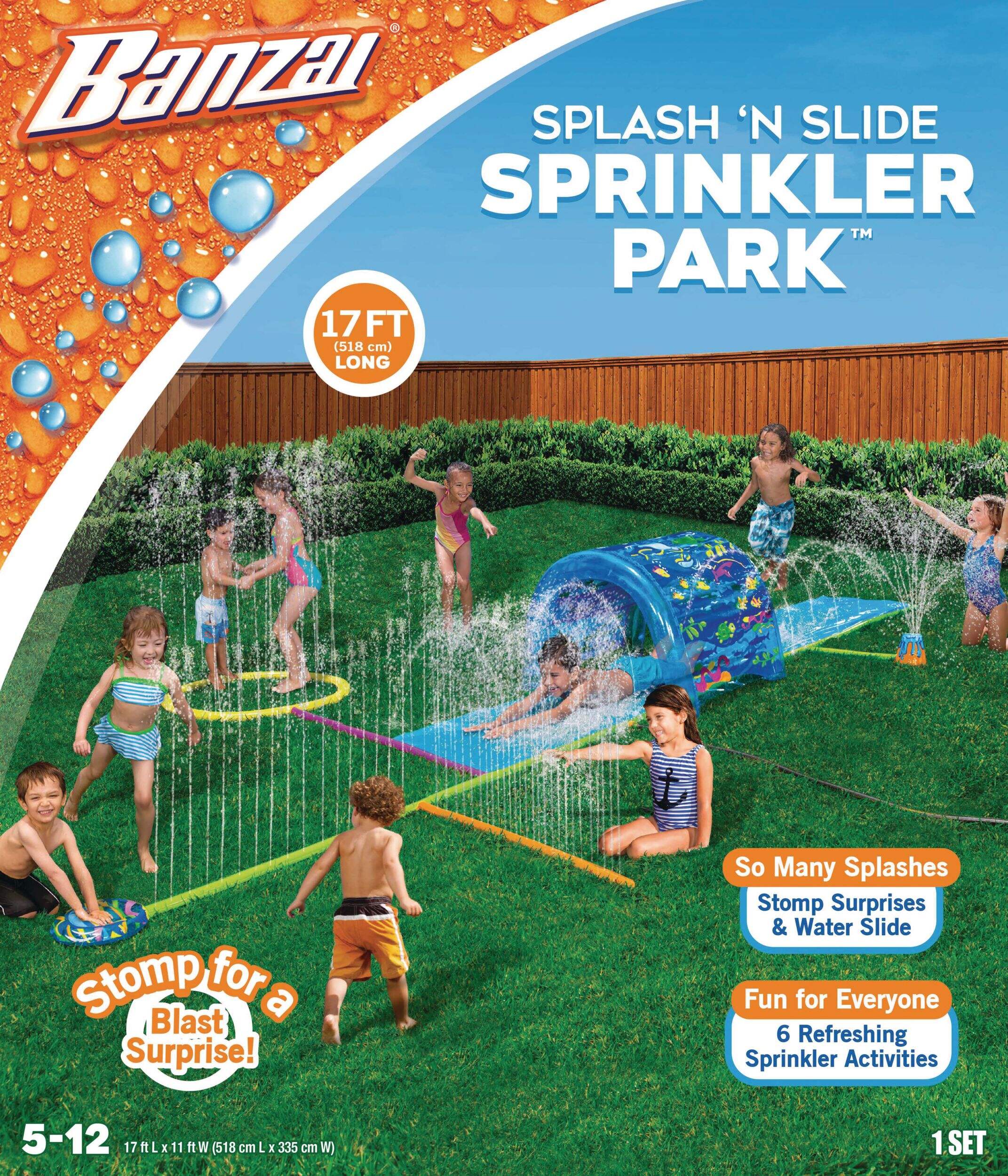 Inflatable Splash ‘N Slide Water Sprinkler Park, Blue, 17-ft, Ages 5+, for Beach/Pool Fun Activities Front_Flat