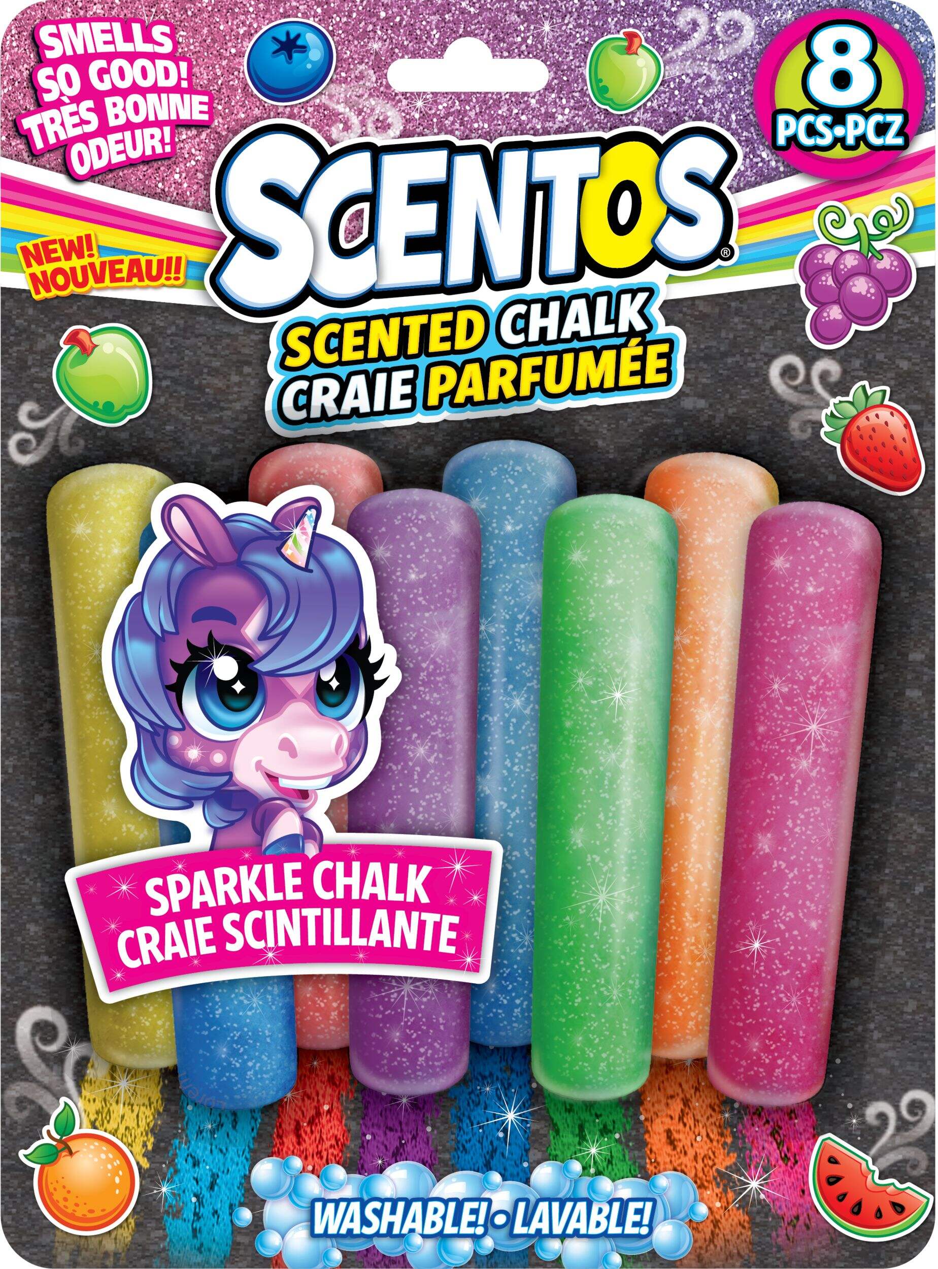 Craies de trottoir scintillantes parfumées aux fruits Scentos pour enfants, multicolore, 3 ans et plus, pour activités estivales/jeu de pelouse, paq. 8 Front_Flat