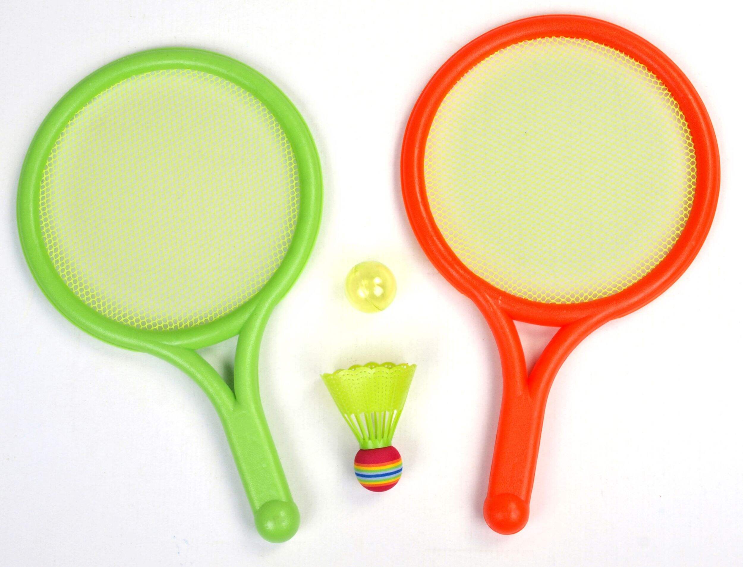 Mini Badminton Set with Mesh Rackets & Birdie, Green/Orange, 3-pk, Ages 3+, for Summer/Backyard Activities Overhead_Flat