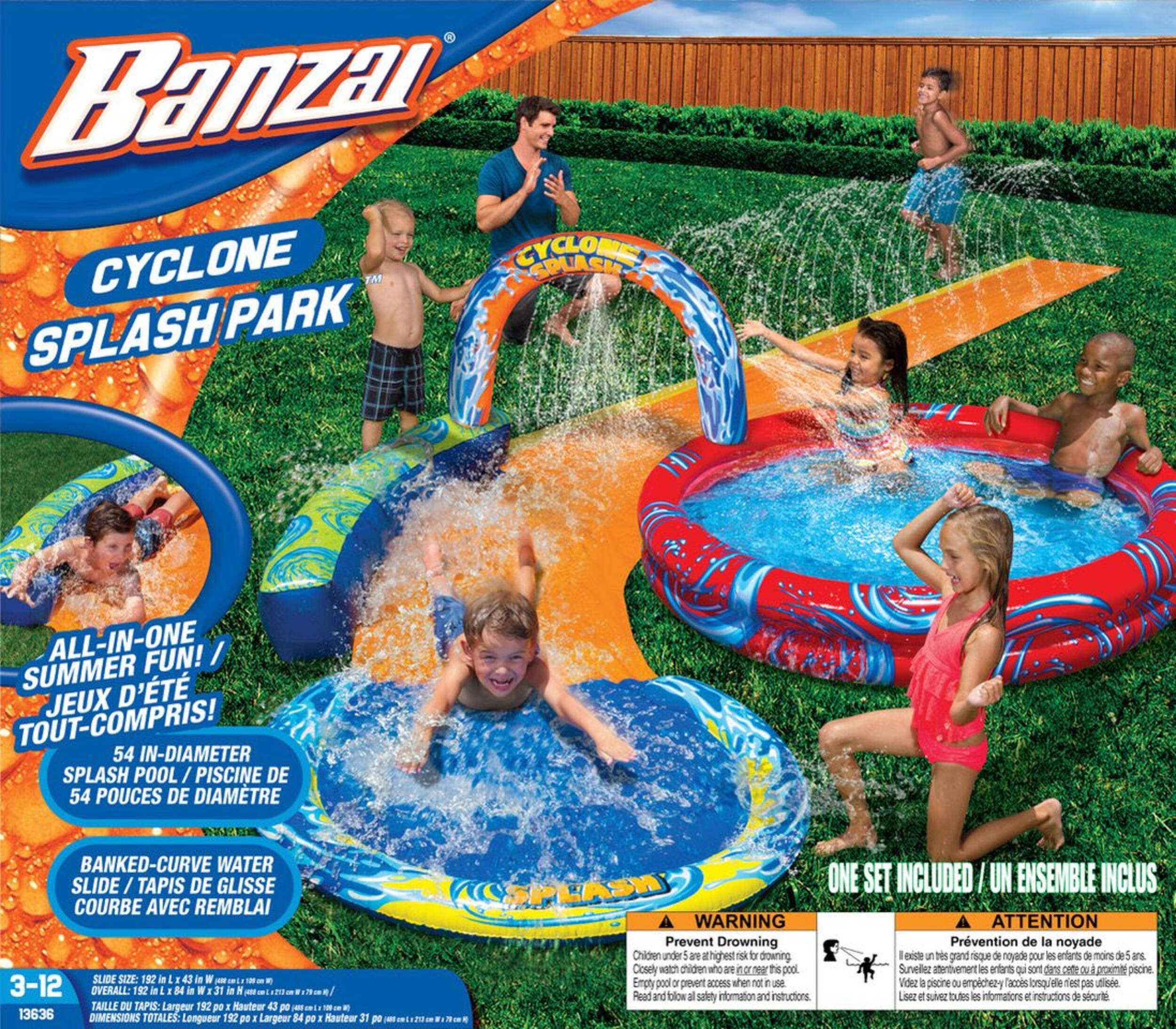 Parc aquatique Banzai Cyclone avec toboggan, piscine et gicleur, jouet aquatique extérieur pour enfants, 3 ans et plus Front_Flat