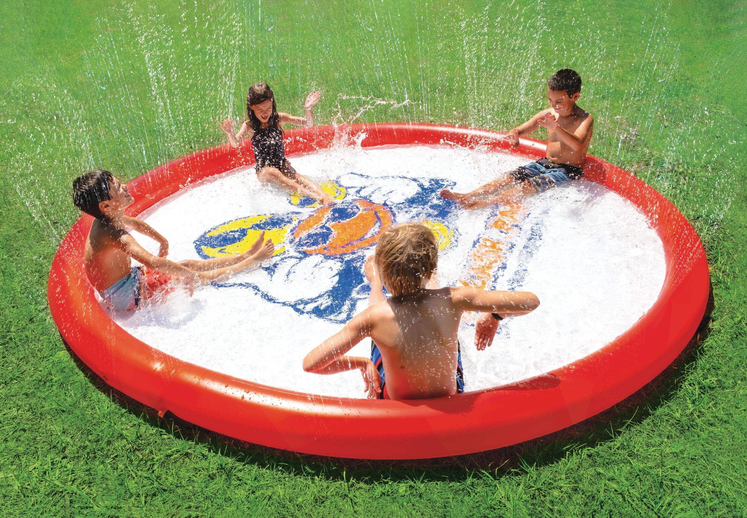 Grand splash pad gonflable en PVC WOW avec système d'arrosage par trempage, rouge, 10 pi Front_Elevated