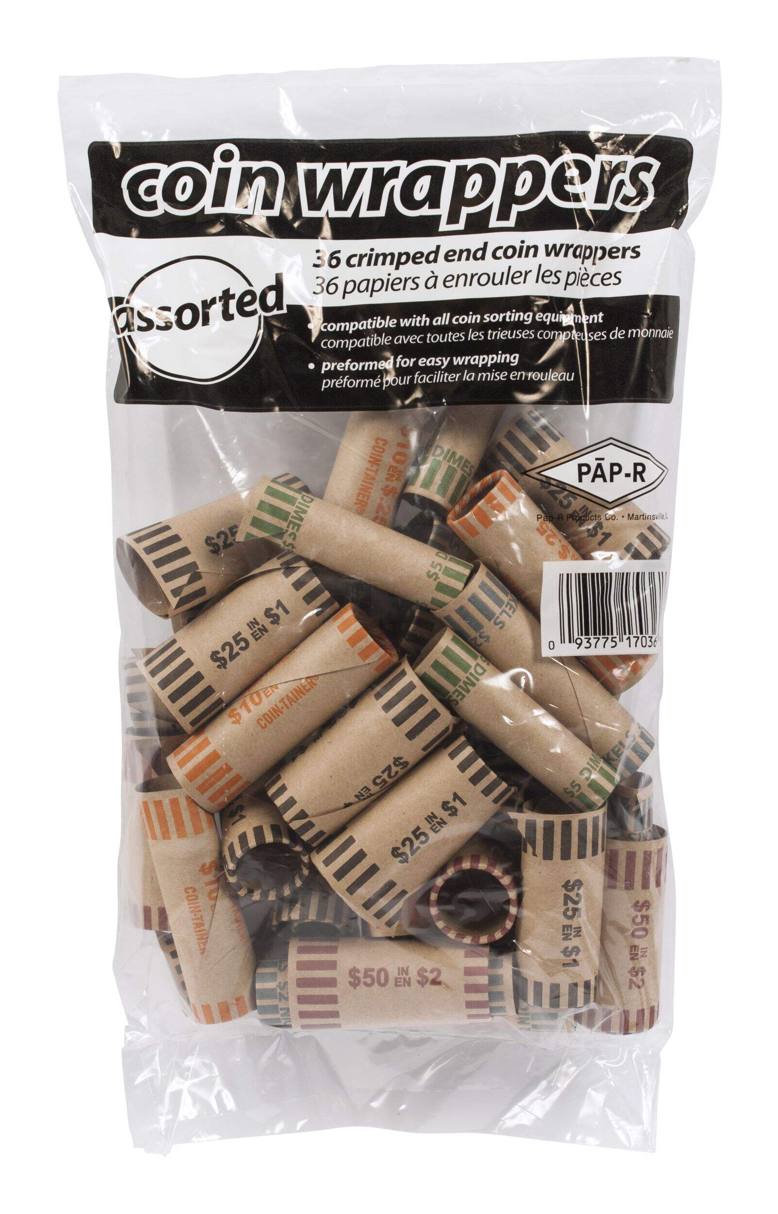 Assorted Paper Tube Coin Wrappers, 36-pk, Toonie/Loonie/Quarter/Dime/Nickel Front_Flat