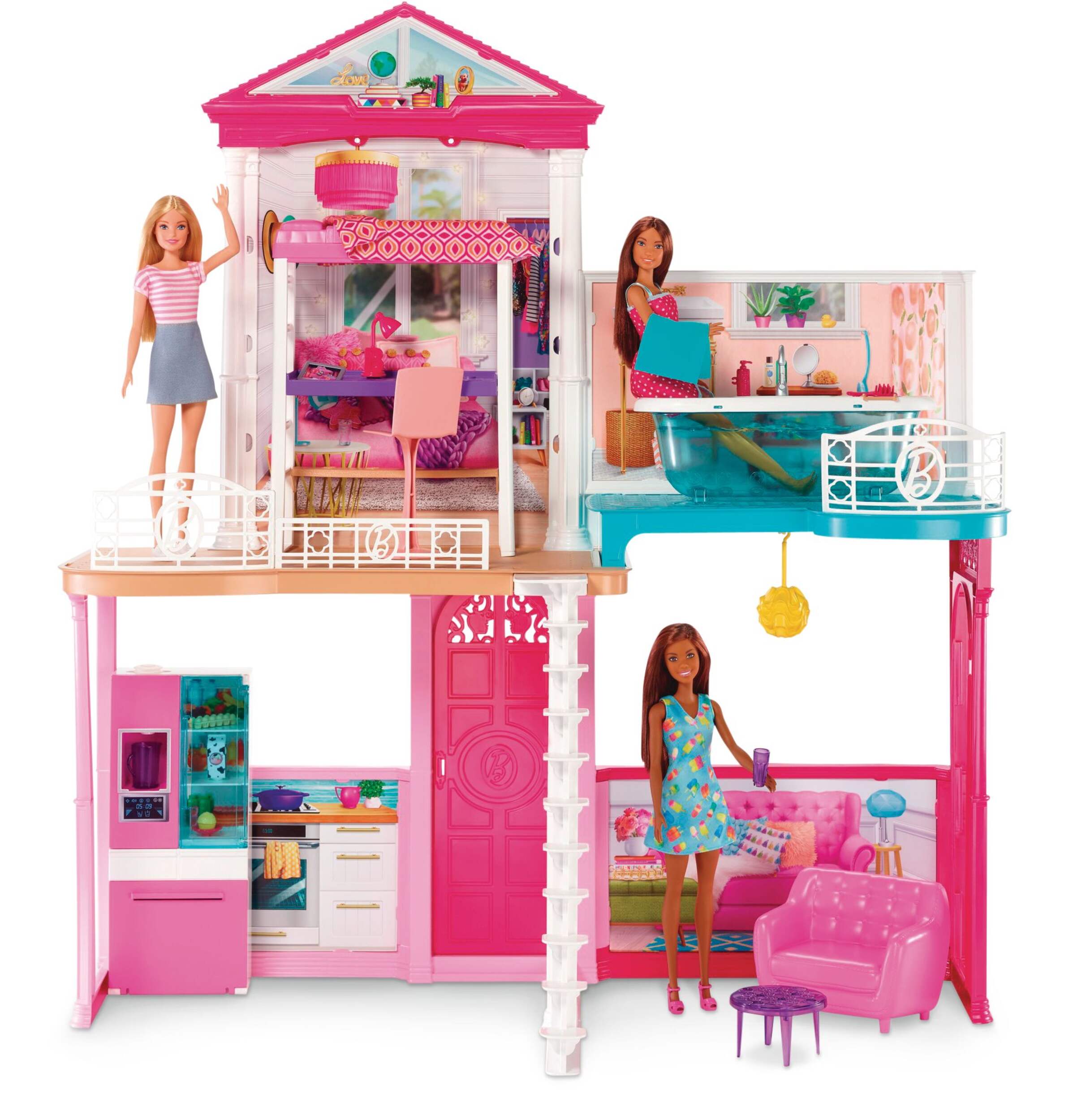 Maison Barbie, 3 poupées inclues, meubles et accessoires, 3 ans et plus Front_Elevated