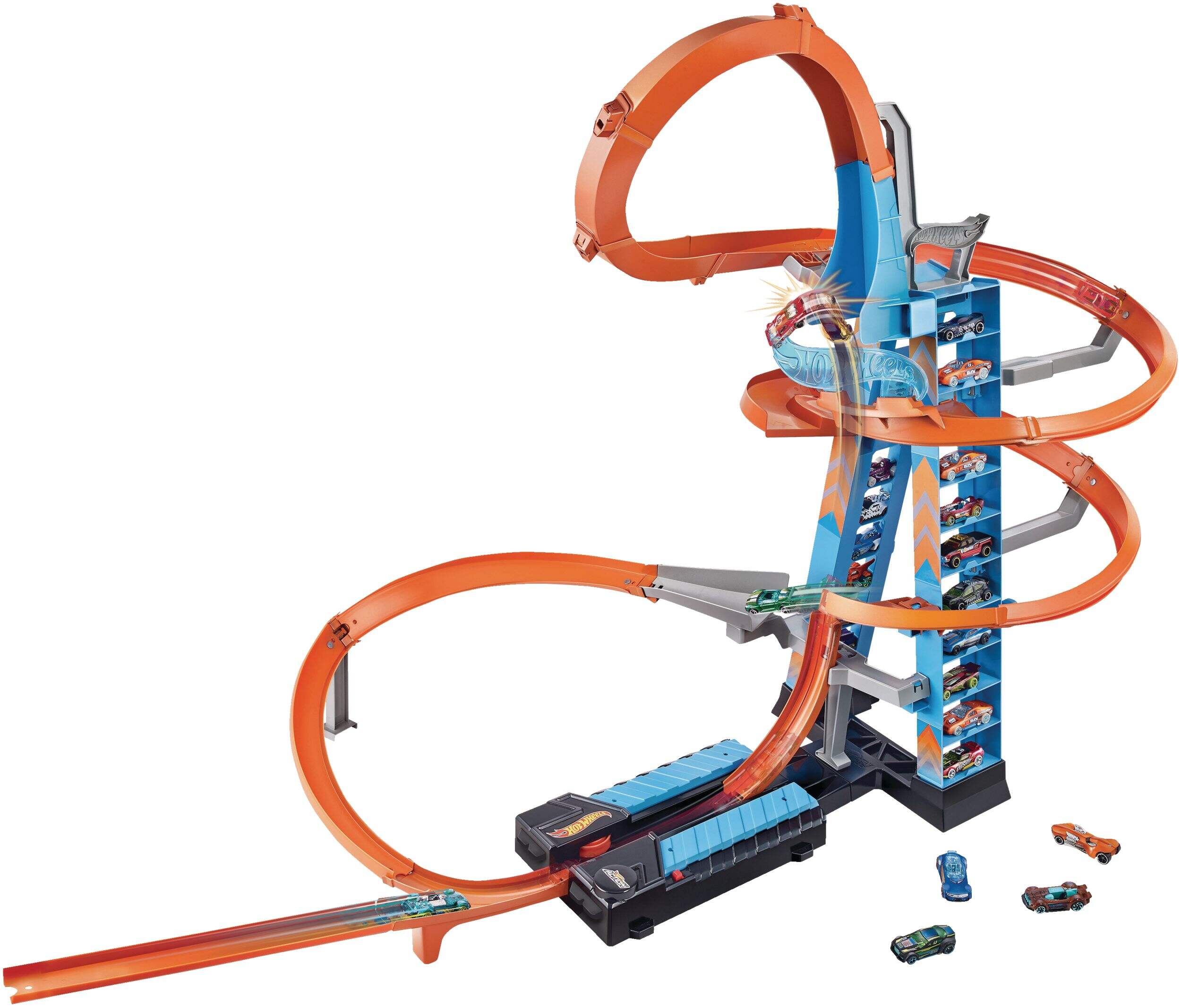 Hot Wheels Sky Crash Tower Race Track Playset w/Motorized Booster & 1 Car, Ages 5-10 Front_Angled_Left