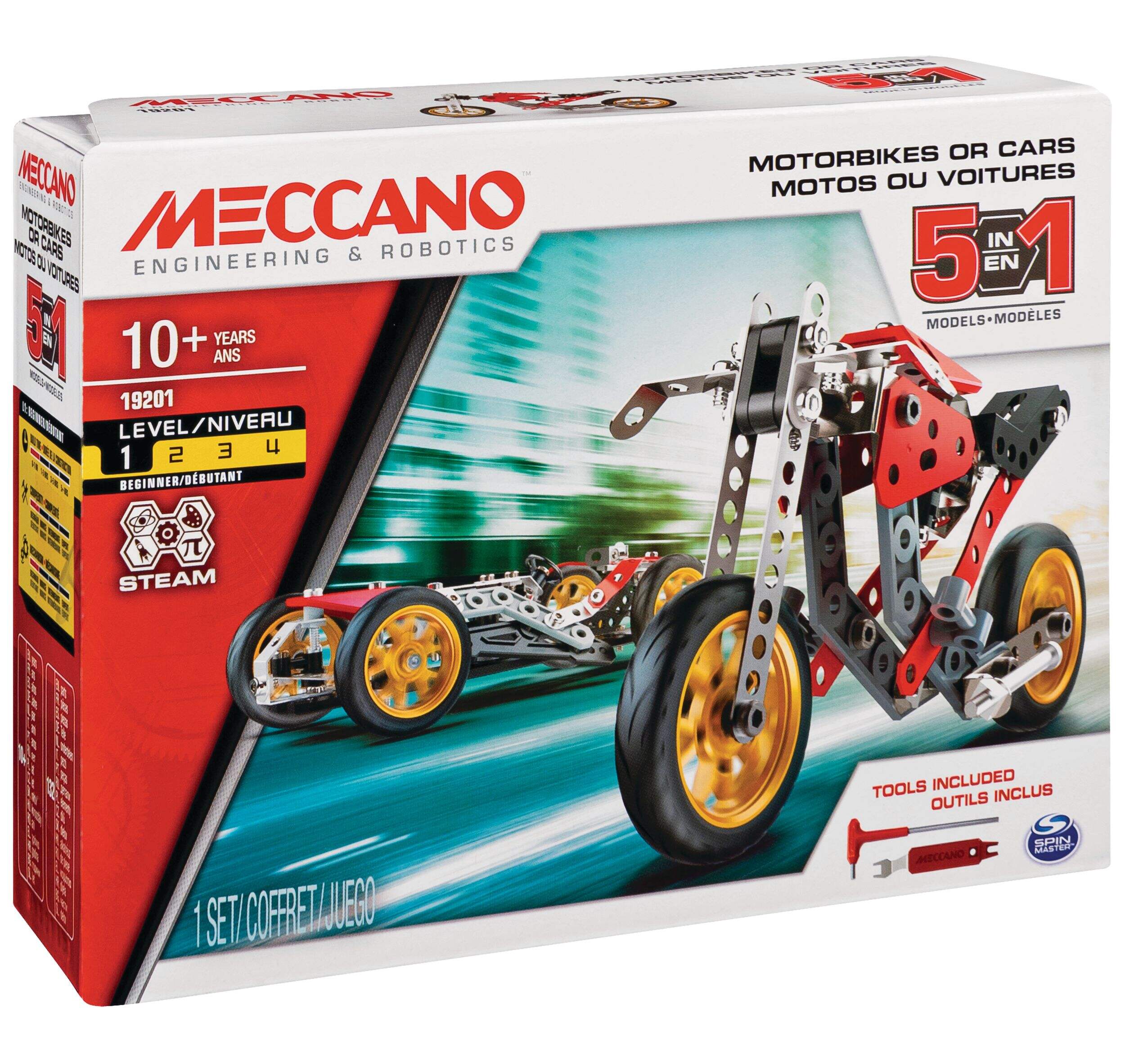 Meccano 5-In-1 Motorbikes Or Cars Model Building Kit 19201 STEAM Education Toy, Ages 10+ Front_Angled_Right
