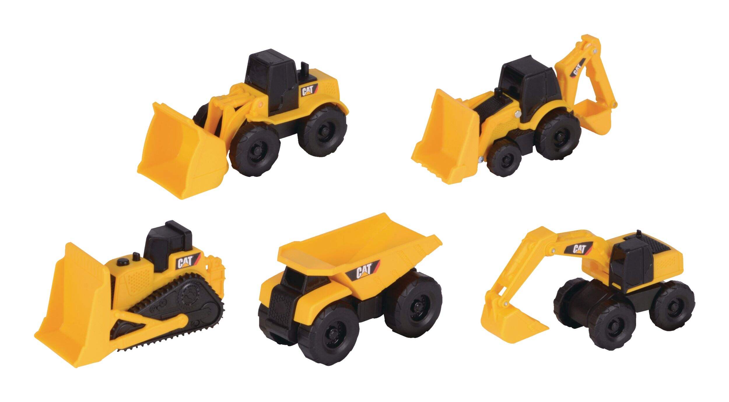 CAT Construction Mini Machines Dump Truck, Bulldozer, Loader, Backhoe, Roller 5-pk, Ages 3+ Front_Angled_Left