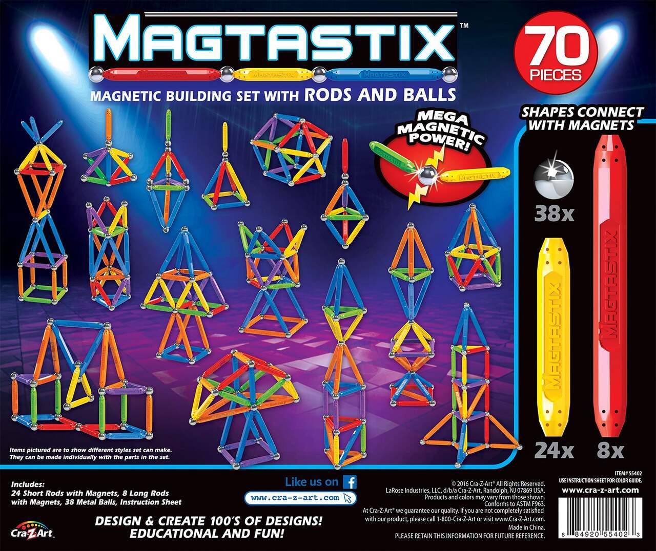 Jeu de construction magnétique Cra-Z-Art Magtastix, paq. 70, 6 ans