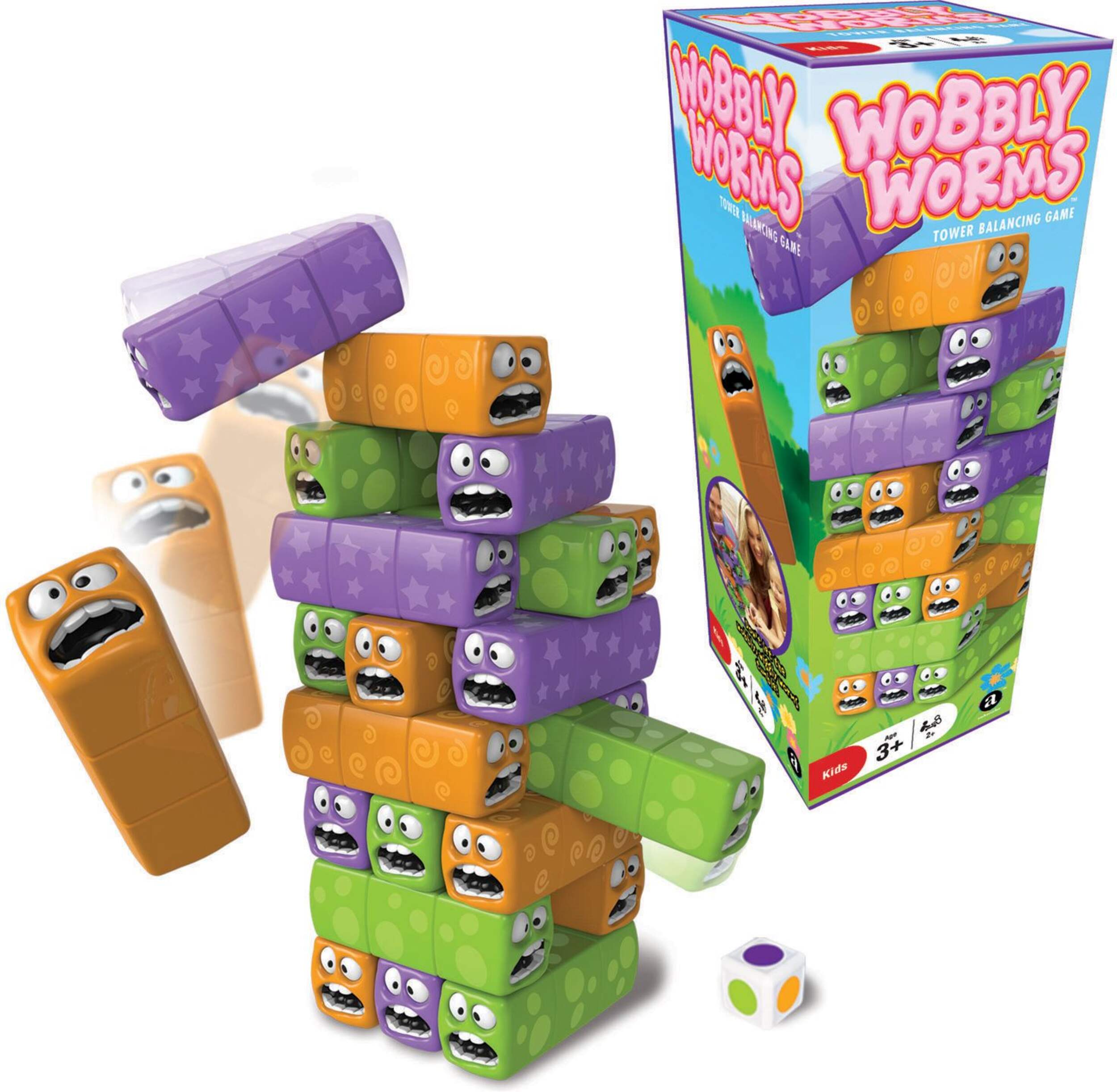 Wobbly Worms Tower Balancing Game, Green/Purple/Yellow, 2+ Players, Ages 3+, for Birthday/Party Favour Composite_or_Mixed