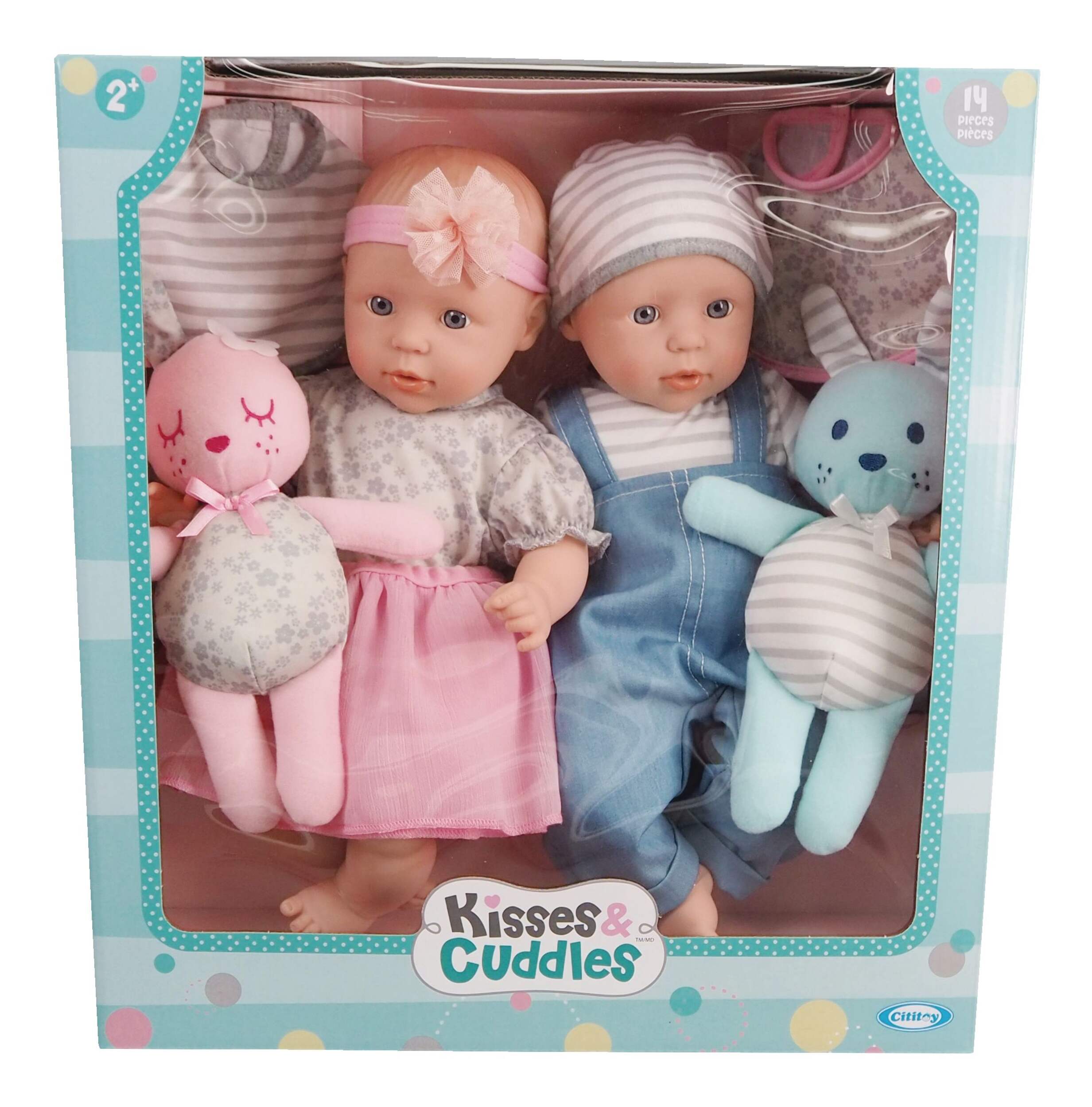 Kisses & Cuddles Soft Body Twin Baby Doll Toys with Clothes & Accessories, 14-in, Ages 2+ Front_Flat