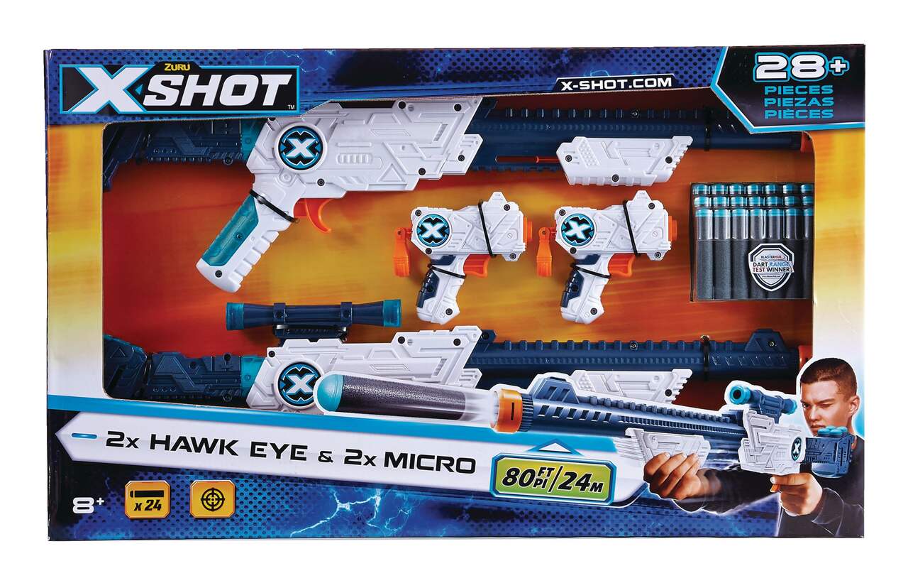 Pistolet ZURU X-Shot Double Hawk Eye et micro pistolet à fléchettes en  mousse, 24 fléchettes, 8 ans et plus