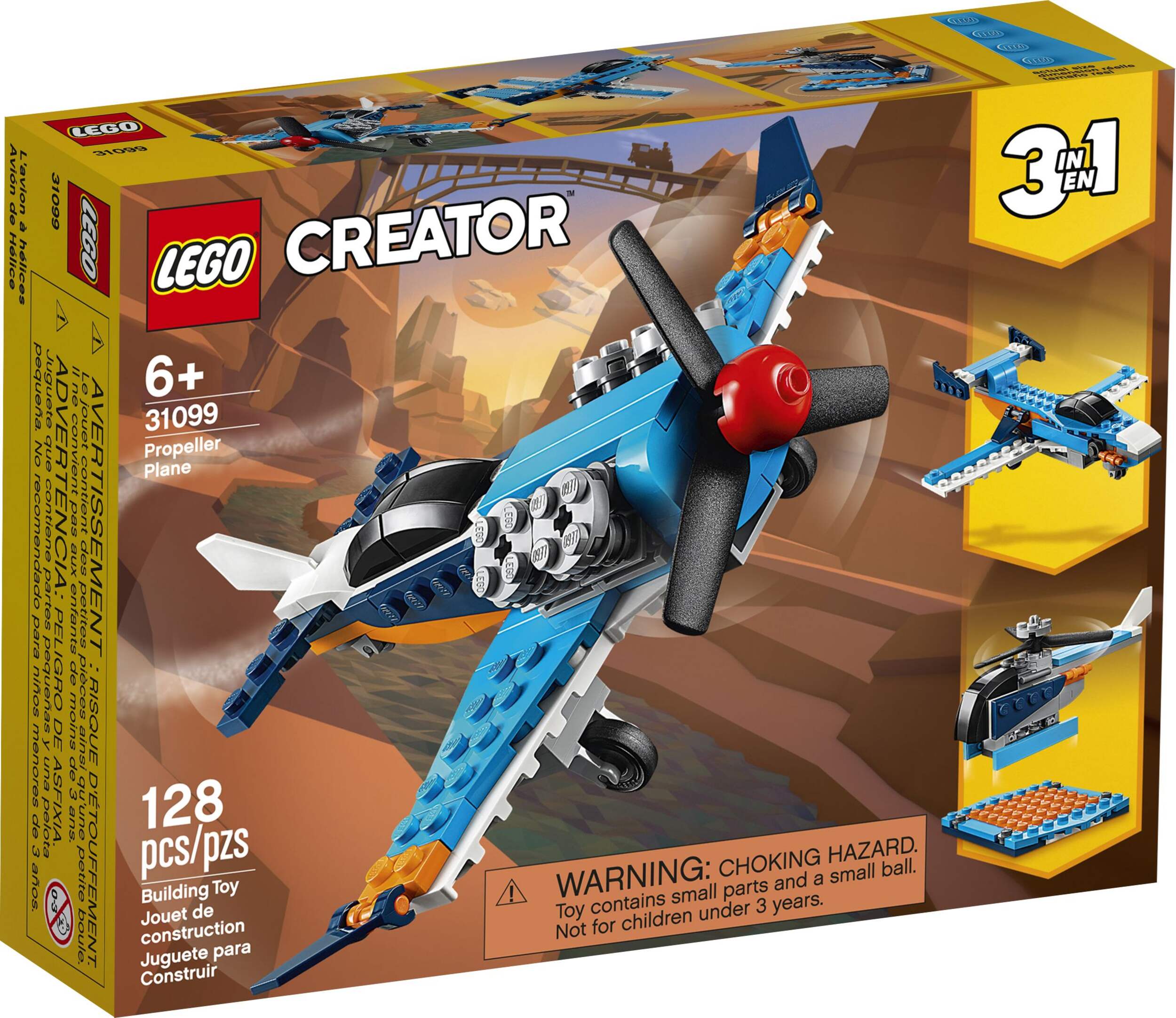 LEGO® Creator 3-in-1 Propeller Plane, Jet & Helicopter 31099 Building Toy Kit, Ages 6+ Front_Three_Fourths_Angled_Left