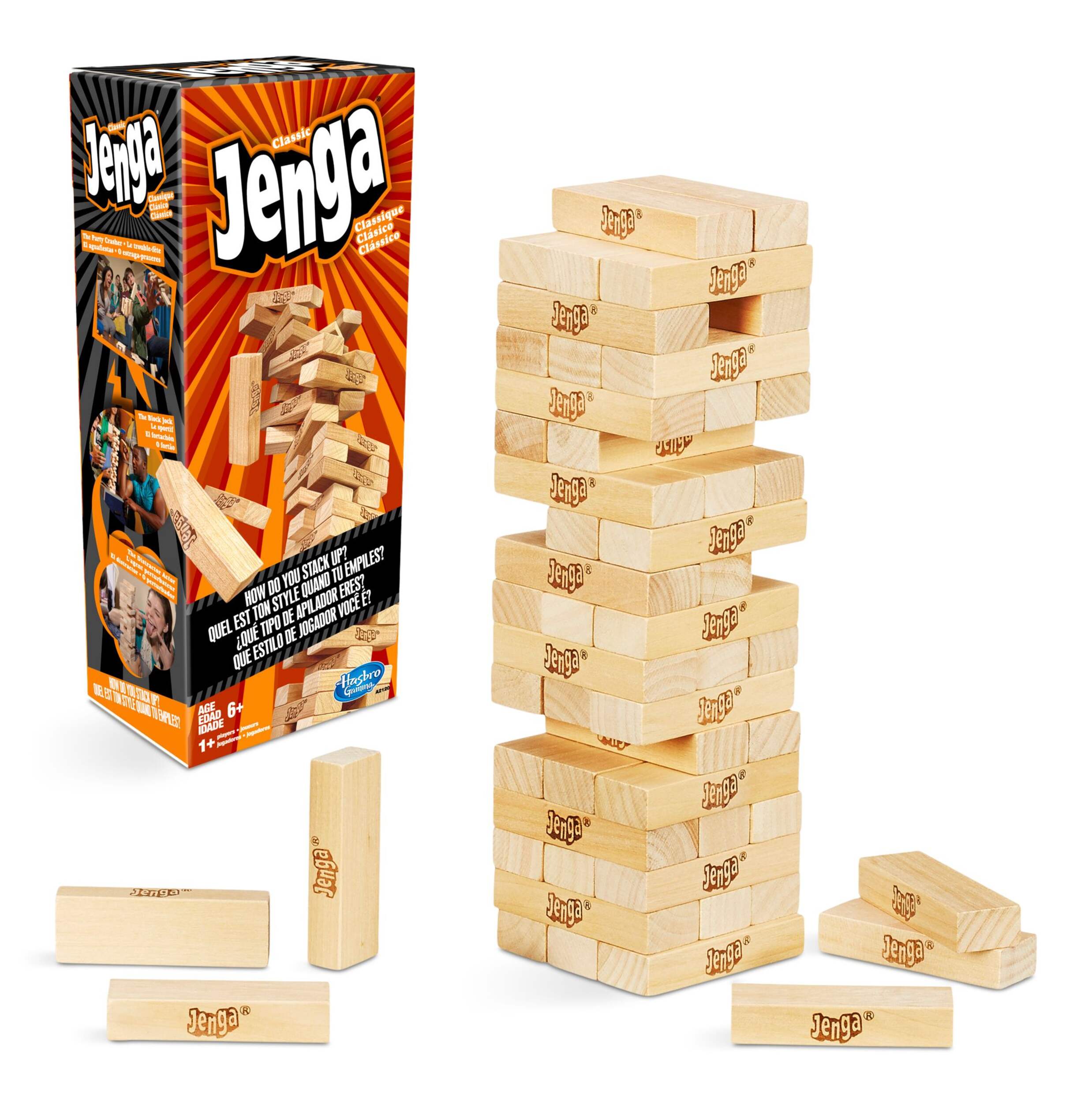 Classic Jenga Wood Block Stacking Tower Game, Tan, 1+ Players, Ages 6+, for Birthday/Party Favour Composite_or_Mixed