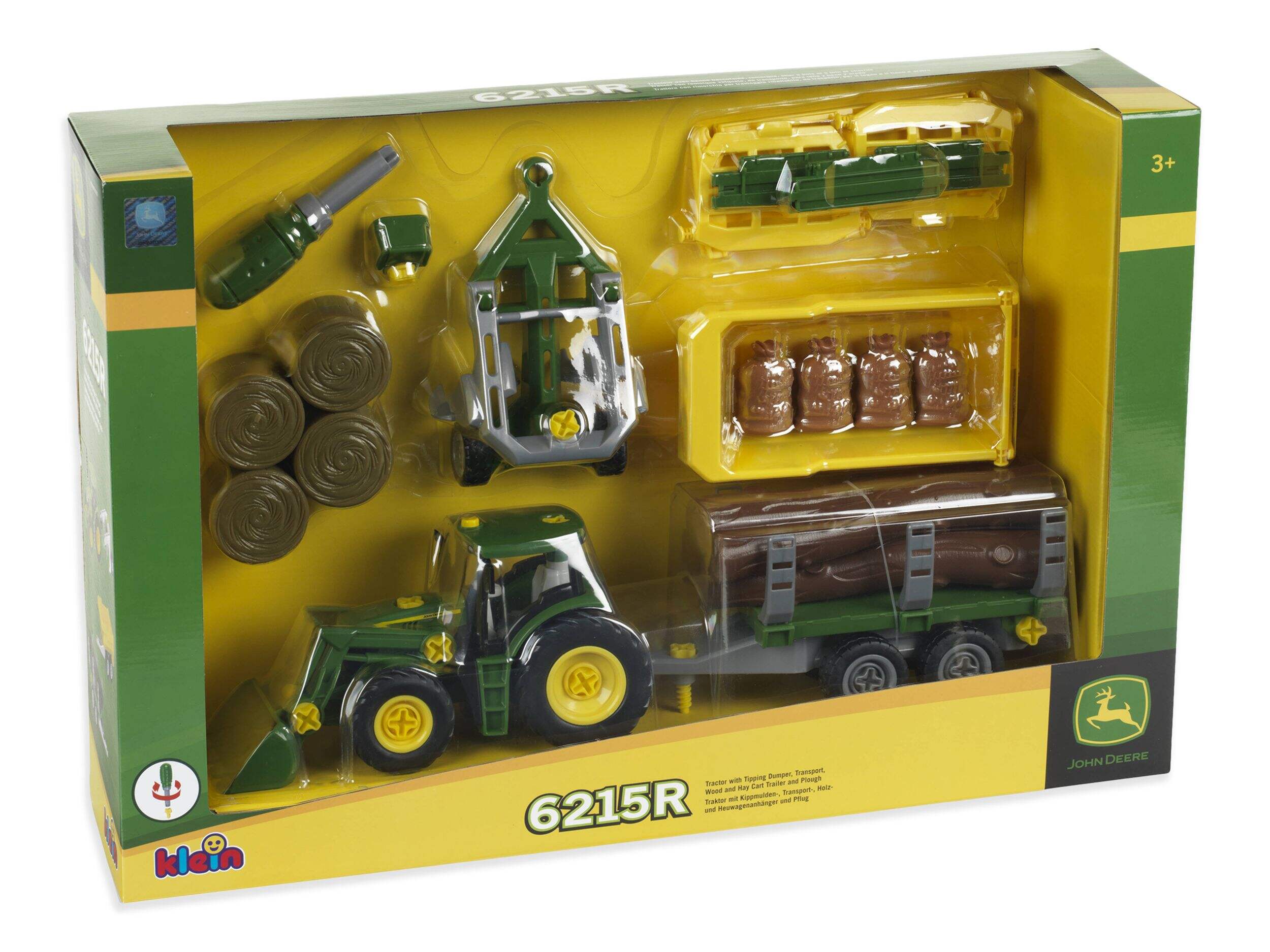 John Deere Farming Toy Playset With Tractor, Dumper, Trailer, Plough, Hay & Logs, Ages 3+ Front_Angled_Right
