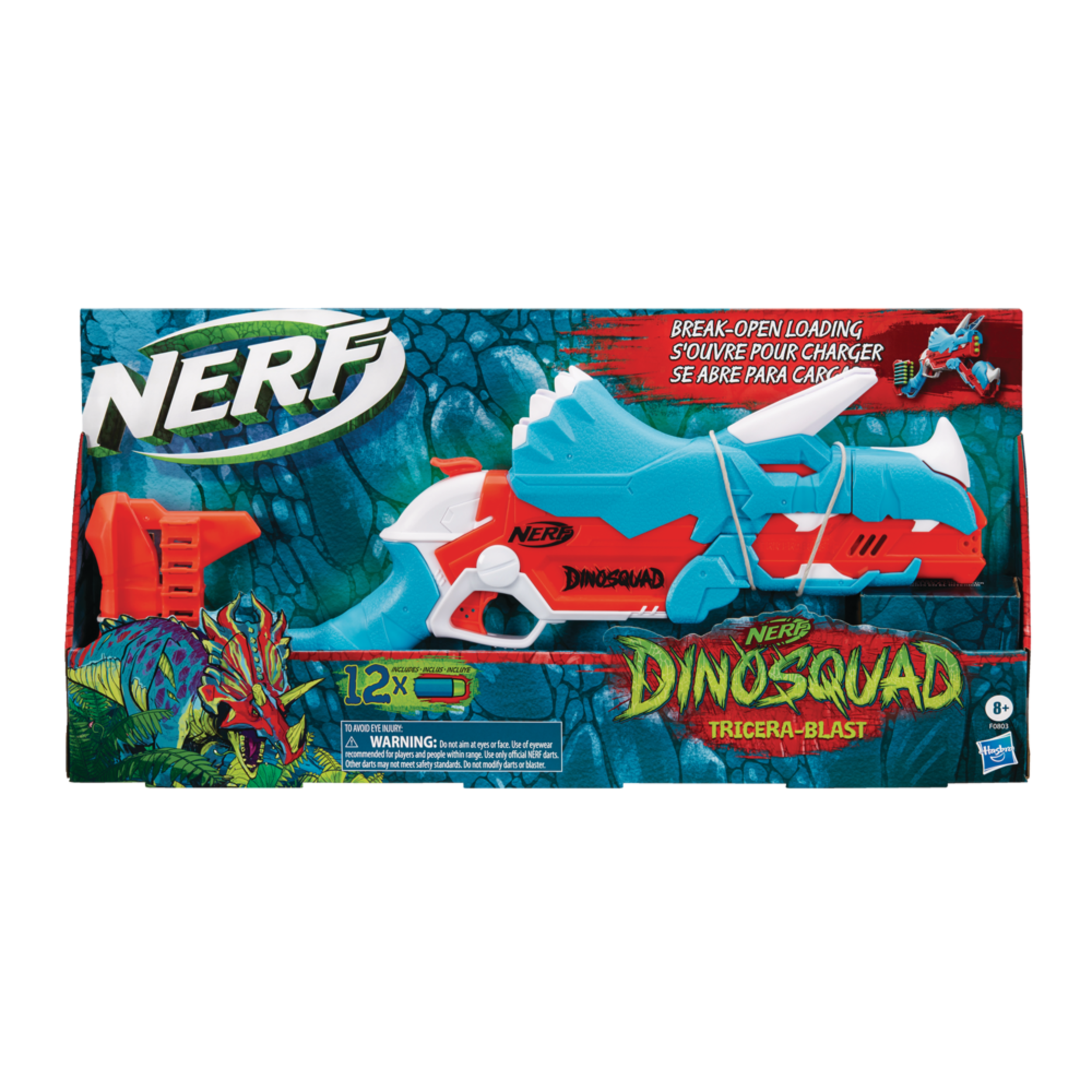 NERF DinoSquad Tricera-Blast Blaster w/12 Darts & Break-Open 3-Dart Loading, Ages 8+ Front_Flat