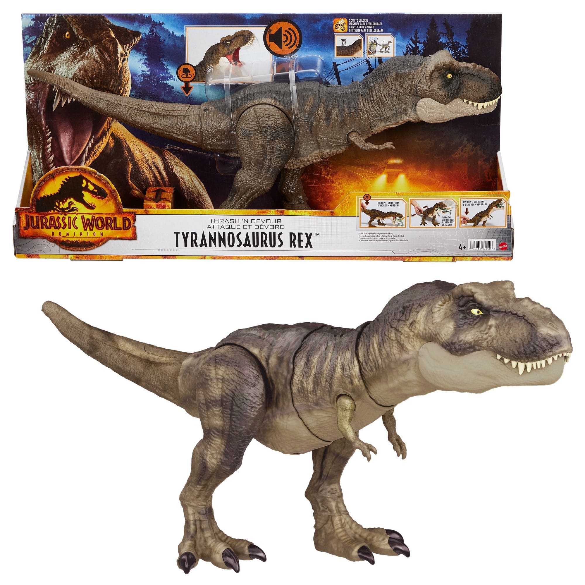 Tyrannosaure Rex Mattel Monde jurassique Attaque et dévore, 4 ans et plus