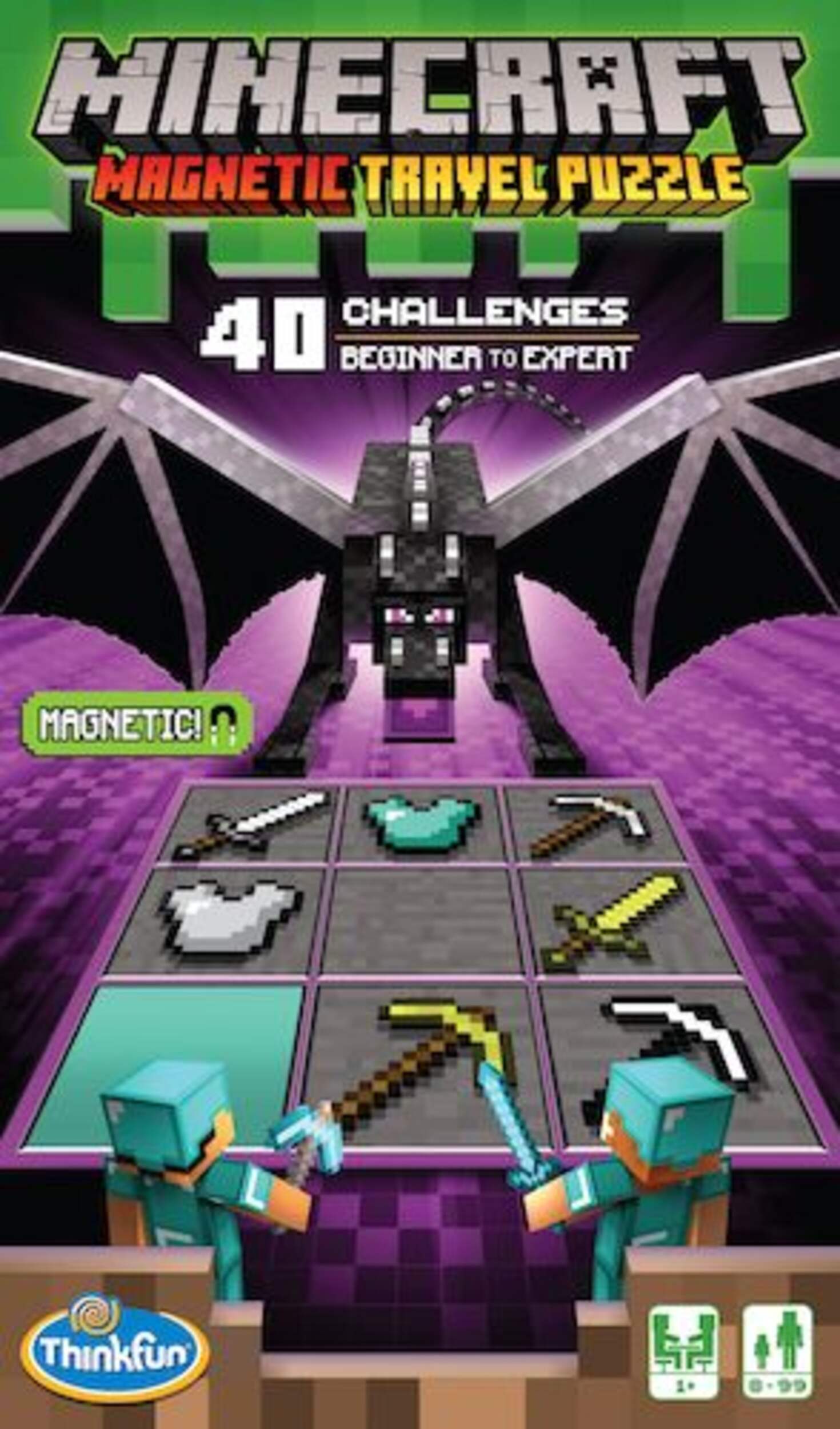 Ravensburger Minecraft Magnetic Travel Jigsaw Puzzle Game, Green/Purple, 40-pk, Ages 8+, for Birthday/Party Favour Front_Flat