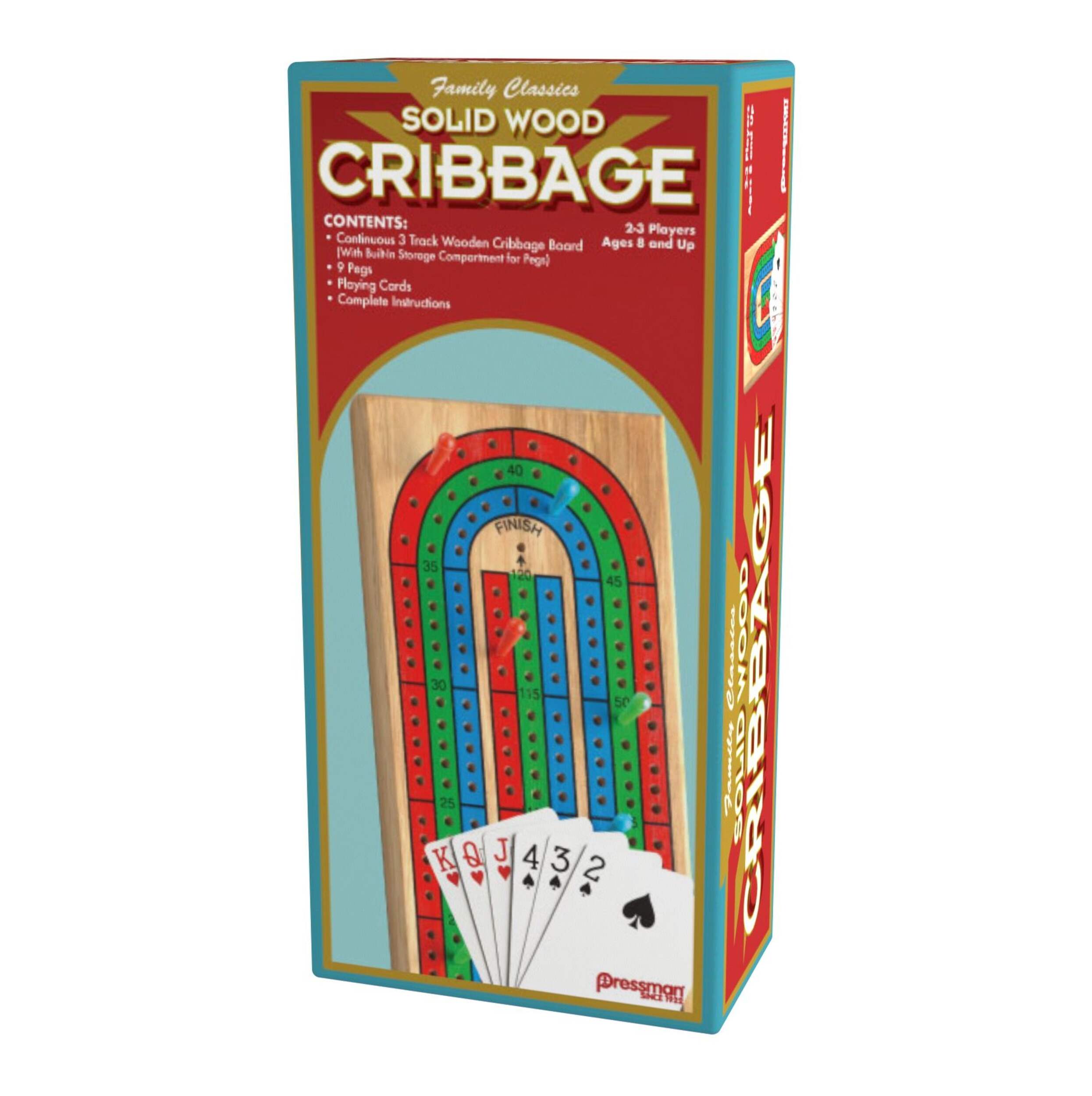 Cribbage Set- Solid Wood Continuous 3 Track Board with Built-In Storage Compartment for Pegs Front_Angled_Left
