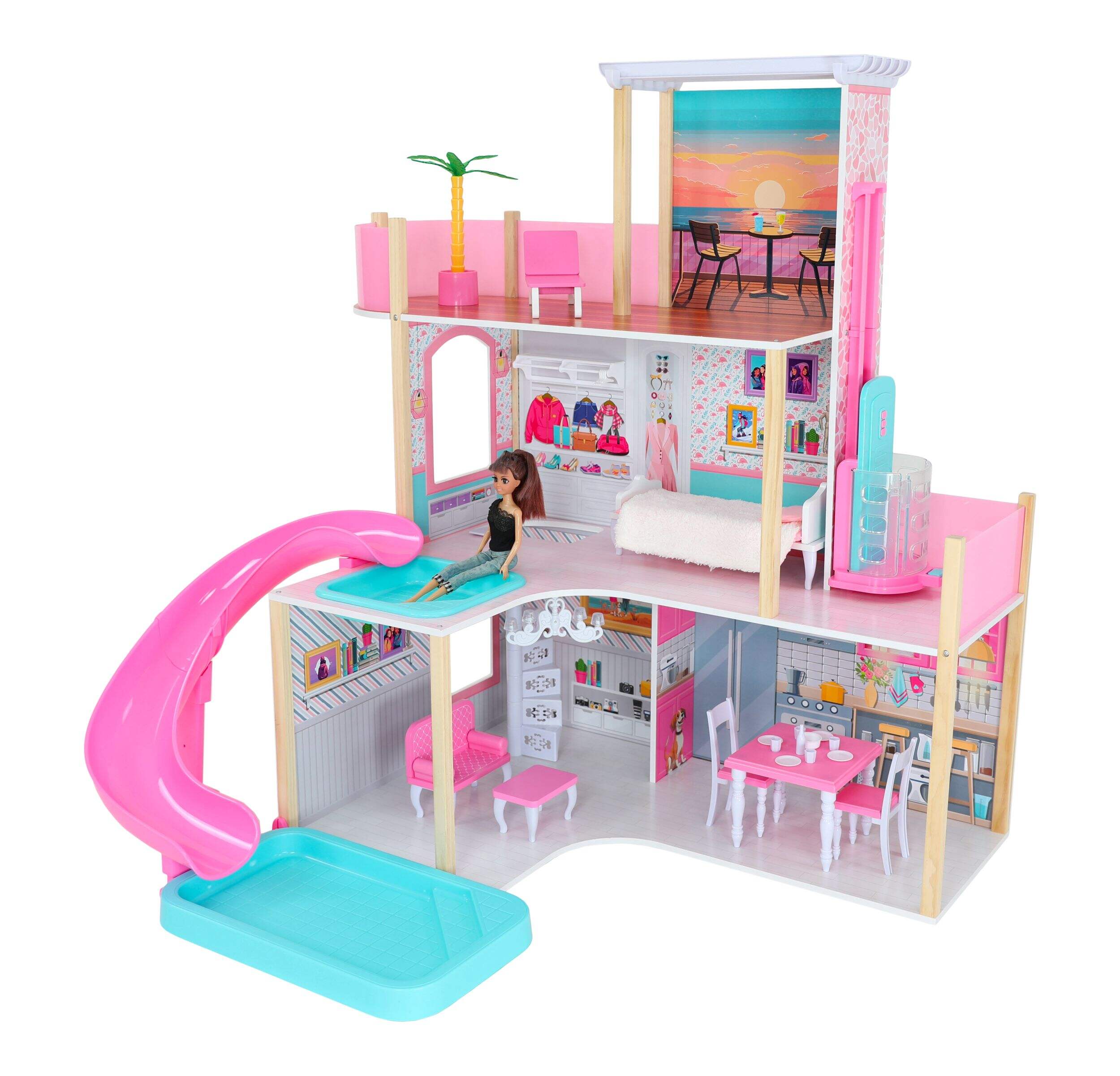Beachside 3-Storey Doll House Playset for Kids, Includes 25 Accessories, Ages 4+ Front_Angled_Left