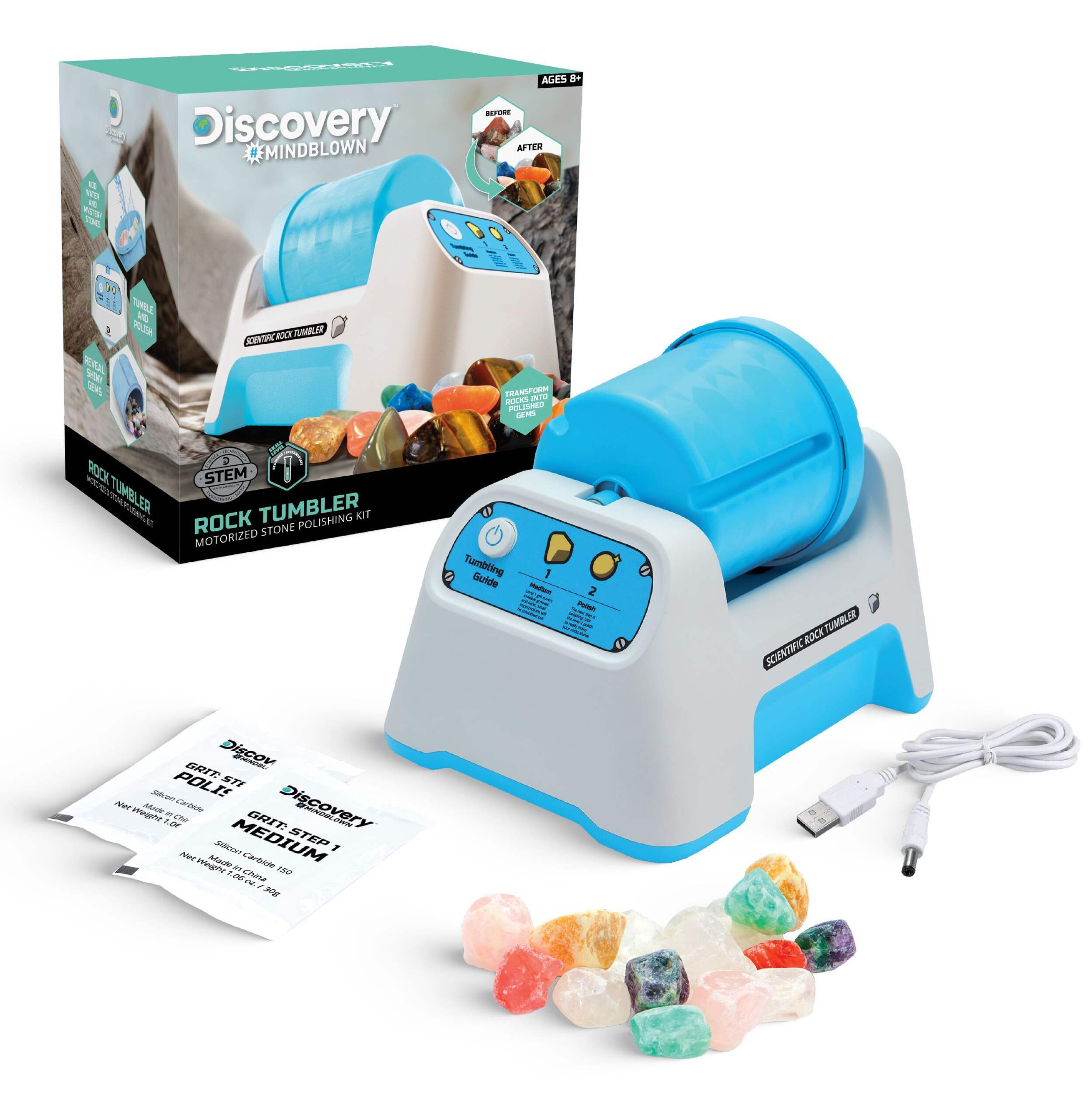 Discovery #Mindblown STEM Kids Rock Tumbler Motorized Stone Polishing Kit, Educational Toy, 6-pc, Ages 8+ Composite_or_Mixed