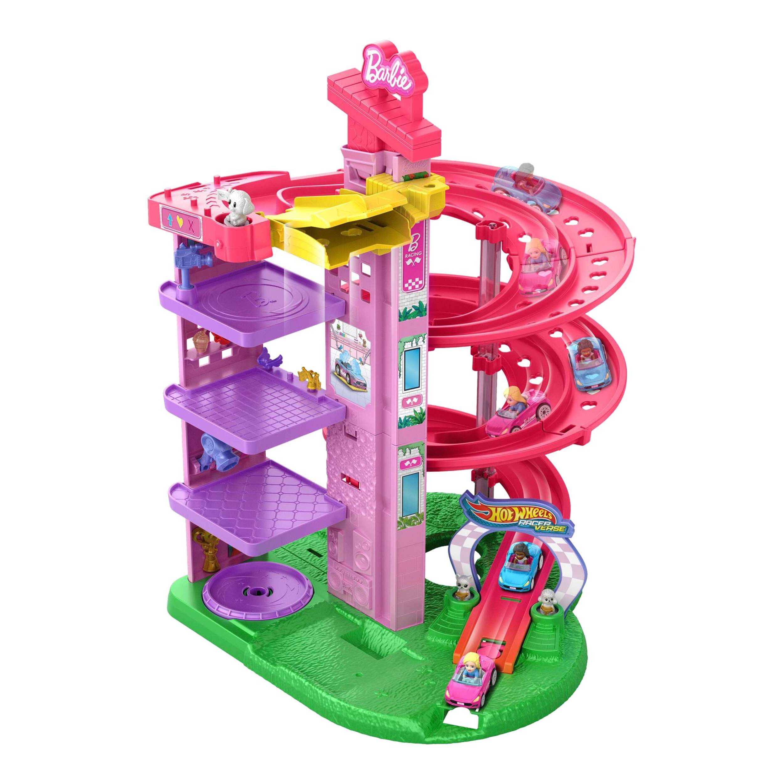 Piste de course Hot Wheels Barbie Racerverse avec 2 véhicules moulés sous pression à l'échelle 1:64 et des figurines, 4 ans et plus Front_Angled_Left