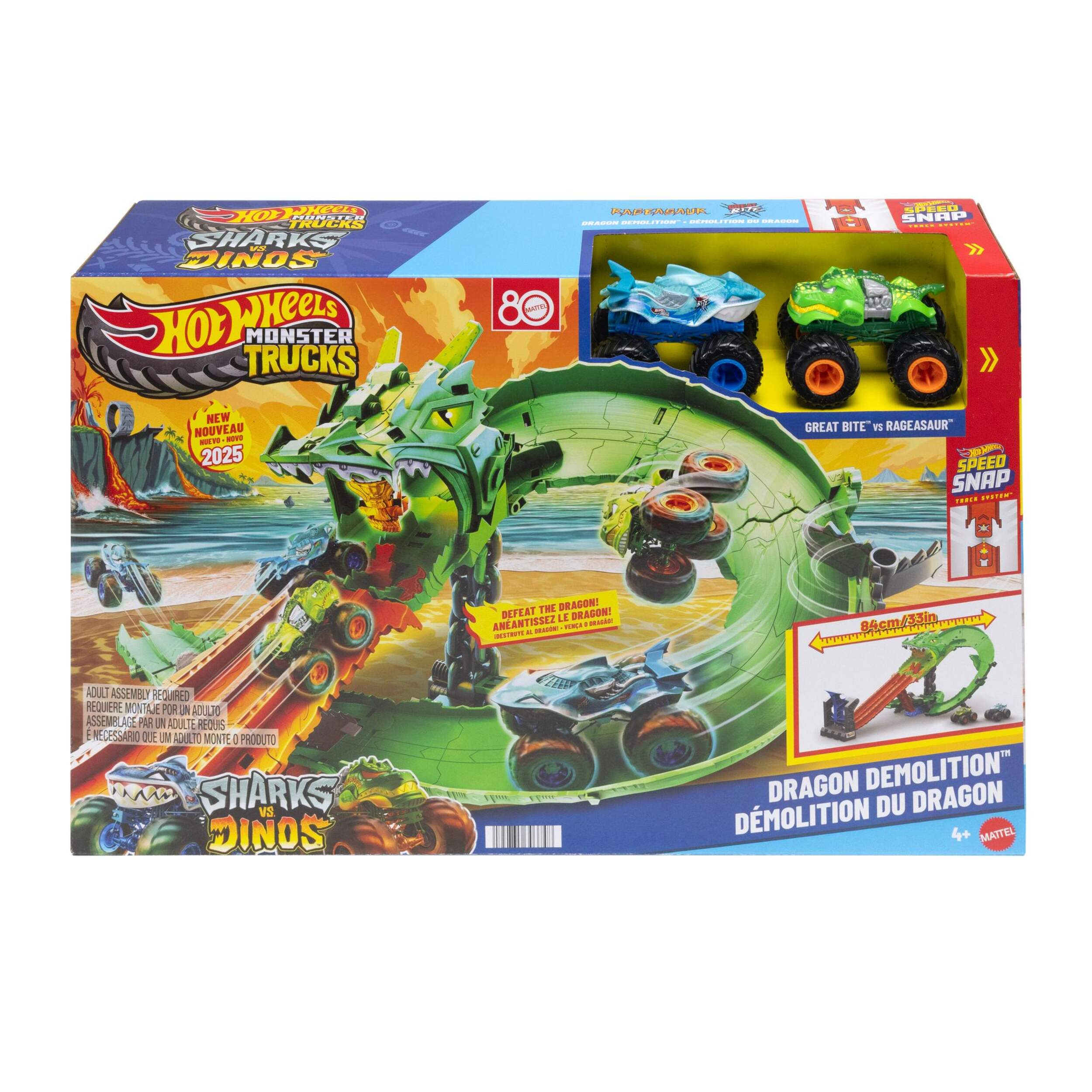 Hot Wheels Sharks vs. Dinos Dragon Destruction Playset with 2 1:64 Hot Wheels Monster Trucks Front_Elevated