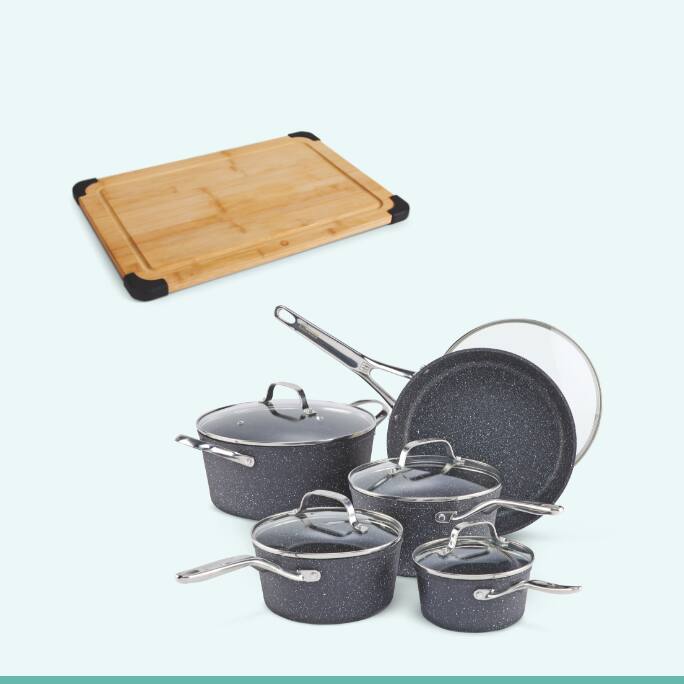 Planche à découper en bambou Vida de PADERNO  Batterie de cuisine Heritage The Rock, aluminium forgé, 10 pces