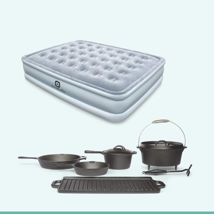 Matelas pneumatique à double hauteur Outbound, grand lit  Batterie de cuisine en fonte Woods Heritage, paq. 6