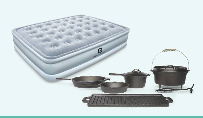 Matelas pneumatique à double hauteur Outbound, grand lit  Batterie de cuisine en fonte Woods Heritage, paq. 6