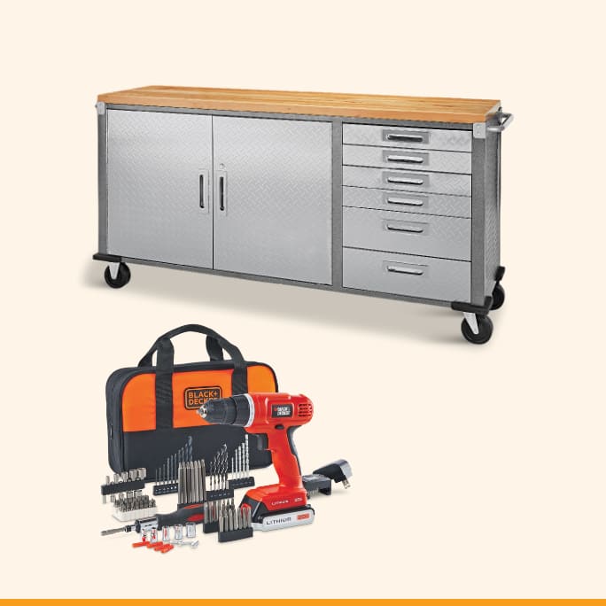 Armoire sur roulettes Mastercraft à 6 tiroirs et 2 portes  Perceuse sans fil Black + Decker, Li-Ion 20 V Max