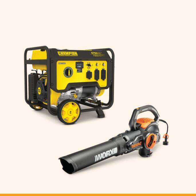 Génératrice à essence portable Champion 7 000/8 750 W  Souffleuse/aspirateur/déchiqueteuse électrique WORX Trivac, 12 A