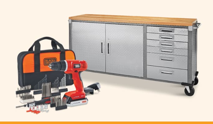 Armoire sur roulettes Mastercraft à 6 tiroirs et 2 portes  Perceuse sans fil Black + Decker, Li-Ion 20 V Max