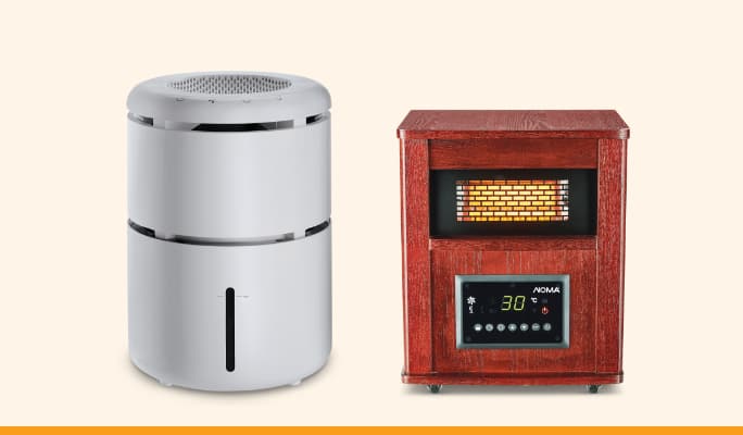 Humidificateur à évaporation NOMA, 4 L  Radiateur à infrarouges NOMA dans un boîtier en bois