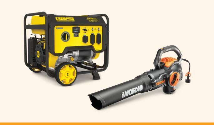 Génératrice à essence portable Champion 7 000/8 750 W  Souffleuse/aspirateur/déchiqueteuse électrique WORX Trivac, 12 A