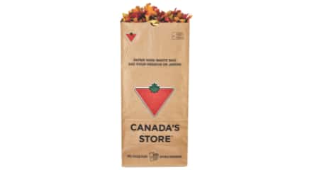 A Canadian Tire yard bag filled with leaves.