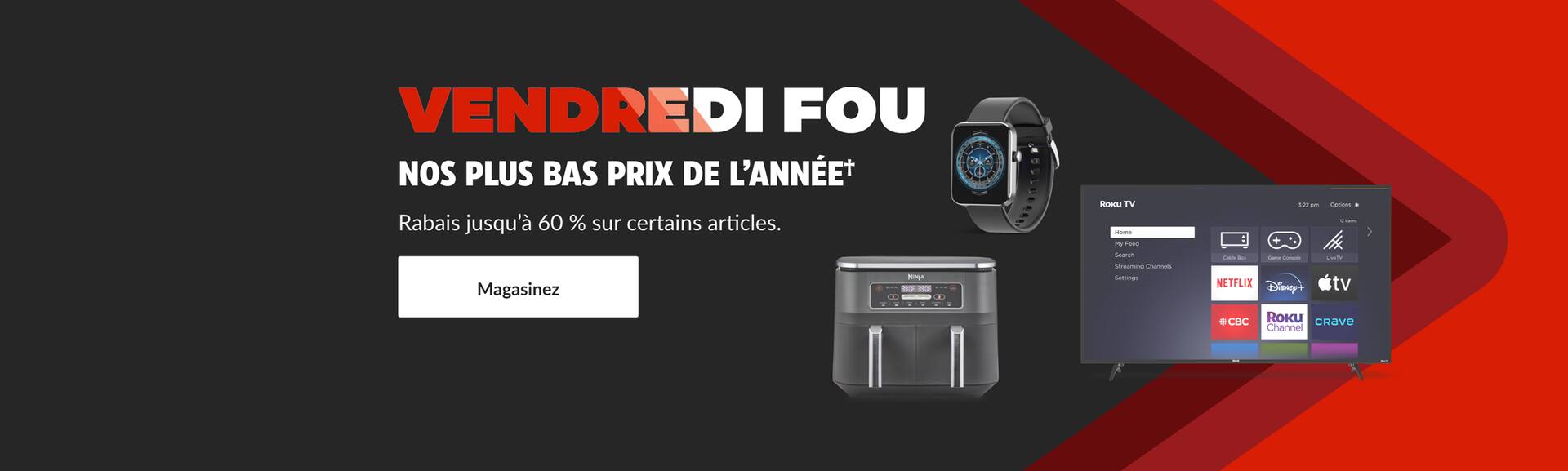 Friteuse à air chaud à double zone Ninja  Téléviseur intelligent 4K UHD Roku RCA , 55 po  Montre intelligente, appel Bluetooth