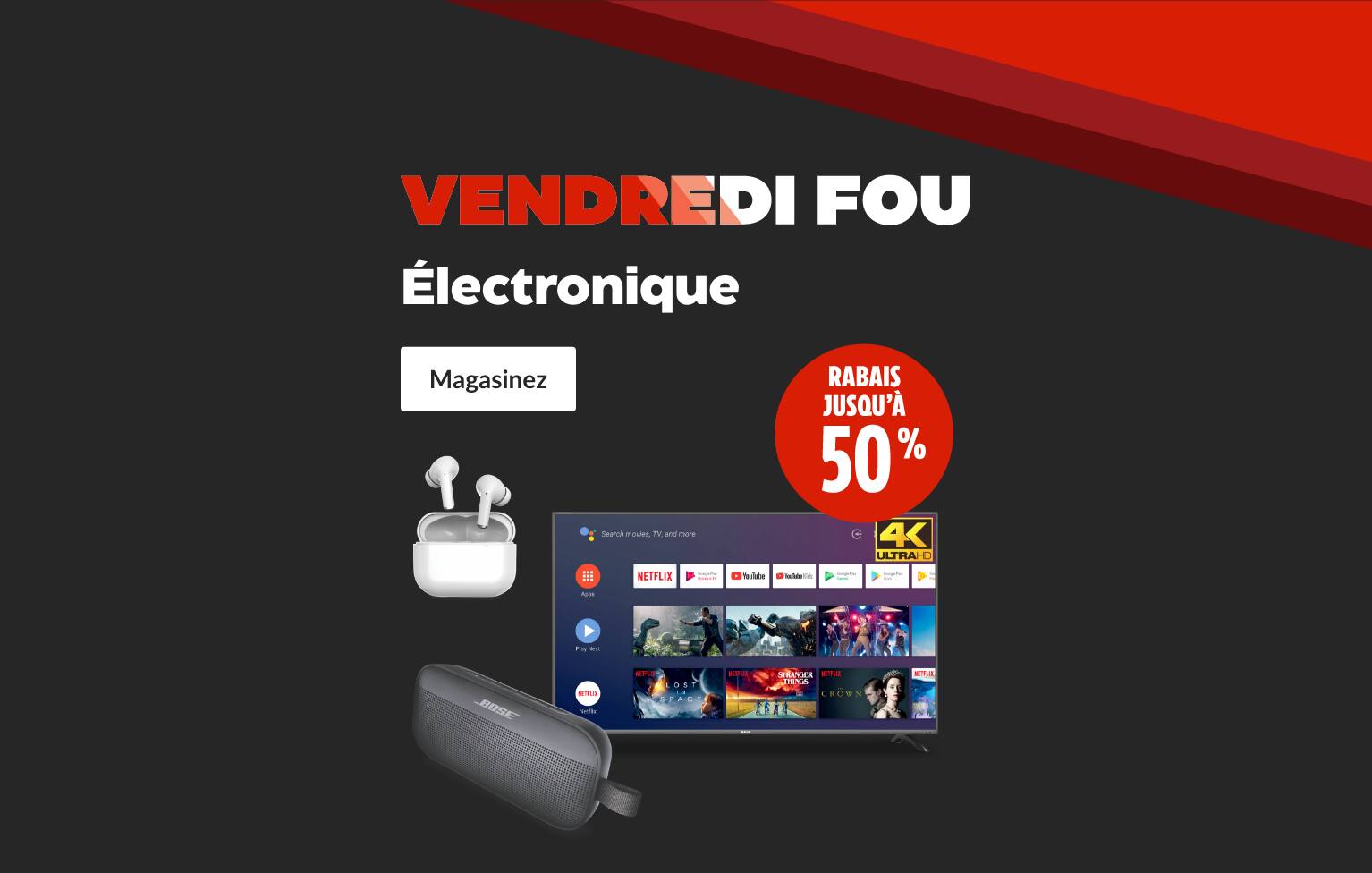 Haut-parleur sans fil Bose SoundLink Flex  Téléviseur intelligent 4K RCA , 60 po   Écouteurs-boutons sans fil Bluepods avec étui de recharge