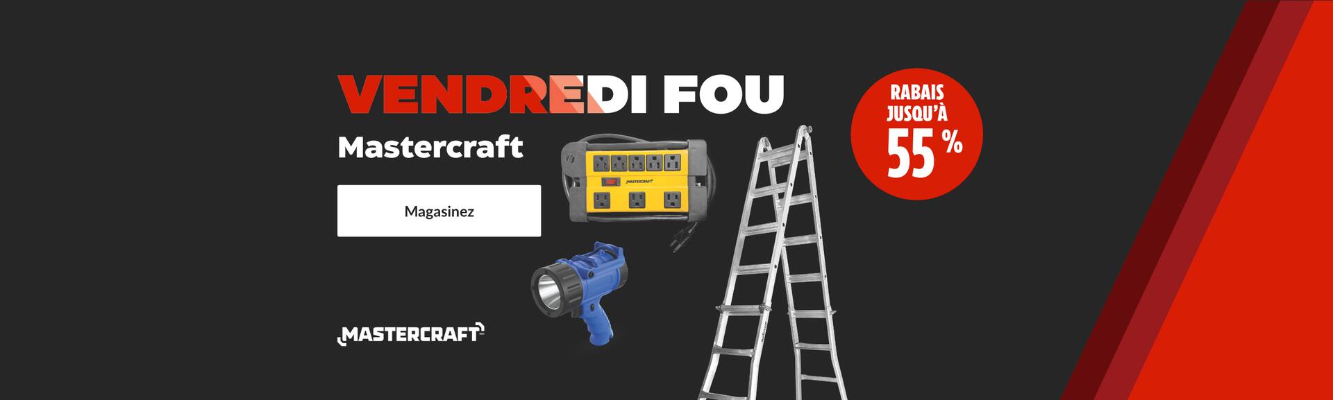 Barre d’alimentation d’entrepreneur à 8 prises Mastercraft  Projecteur à l'épreuve de l'eau Mastercraft, 180 lumens  Échelle multiusage Mastercraft, 21 pi