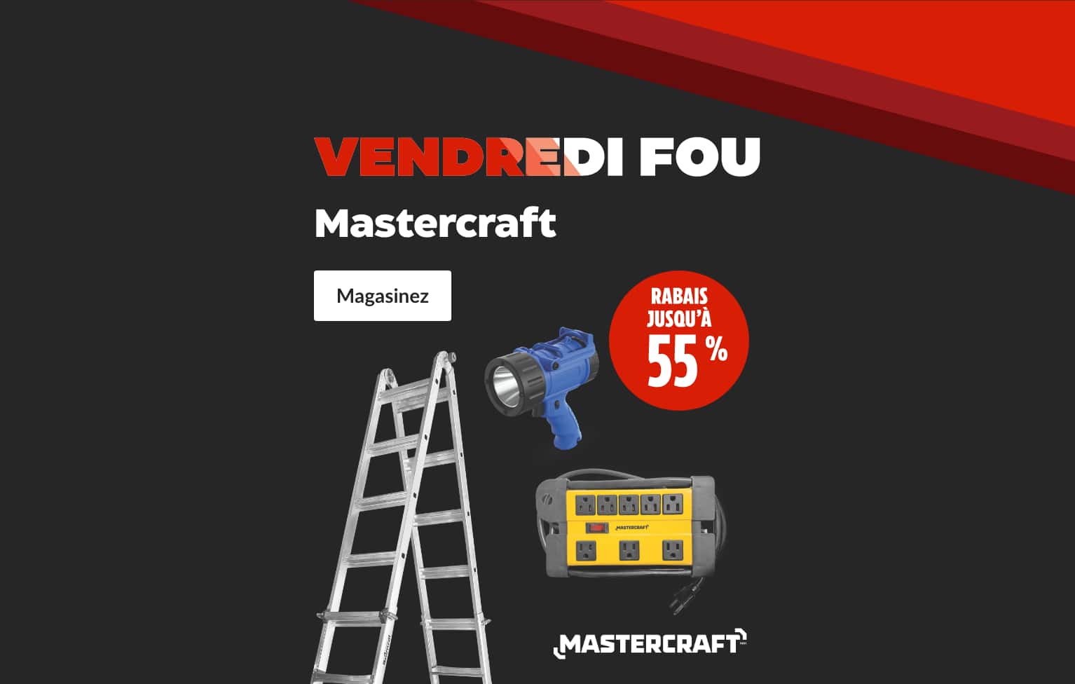 Barre d’alimentation d’entrepreneur à 8 prises Mastercraft  Projecteur à l'épreuve de l'eau Mastercraft, 180 lumens  Échelle multiusage Mastercraft, 21 pi
