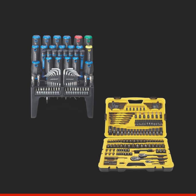 Mastercraft Screwdriver Set displayed in its stand  Stanley Black Chrome Socket Set, 183-pc