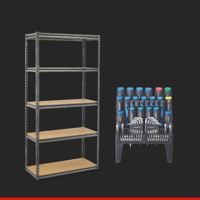 Mastercraft Screwdriver Set displayed in its stand  Mastercraft Adjustable 5-Shelf Storage Rack 